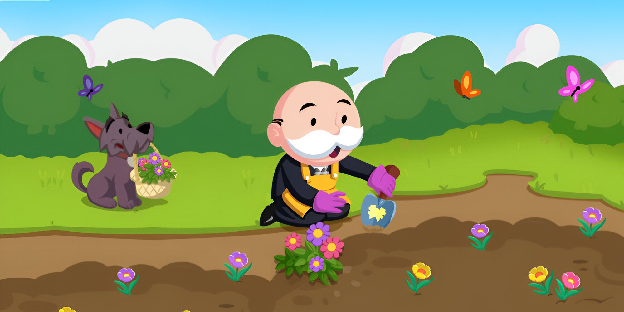 Mr. Monopoly from Monopoly GO! tending to a garden with his dog.