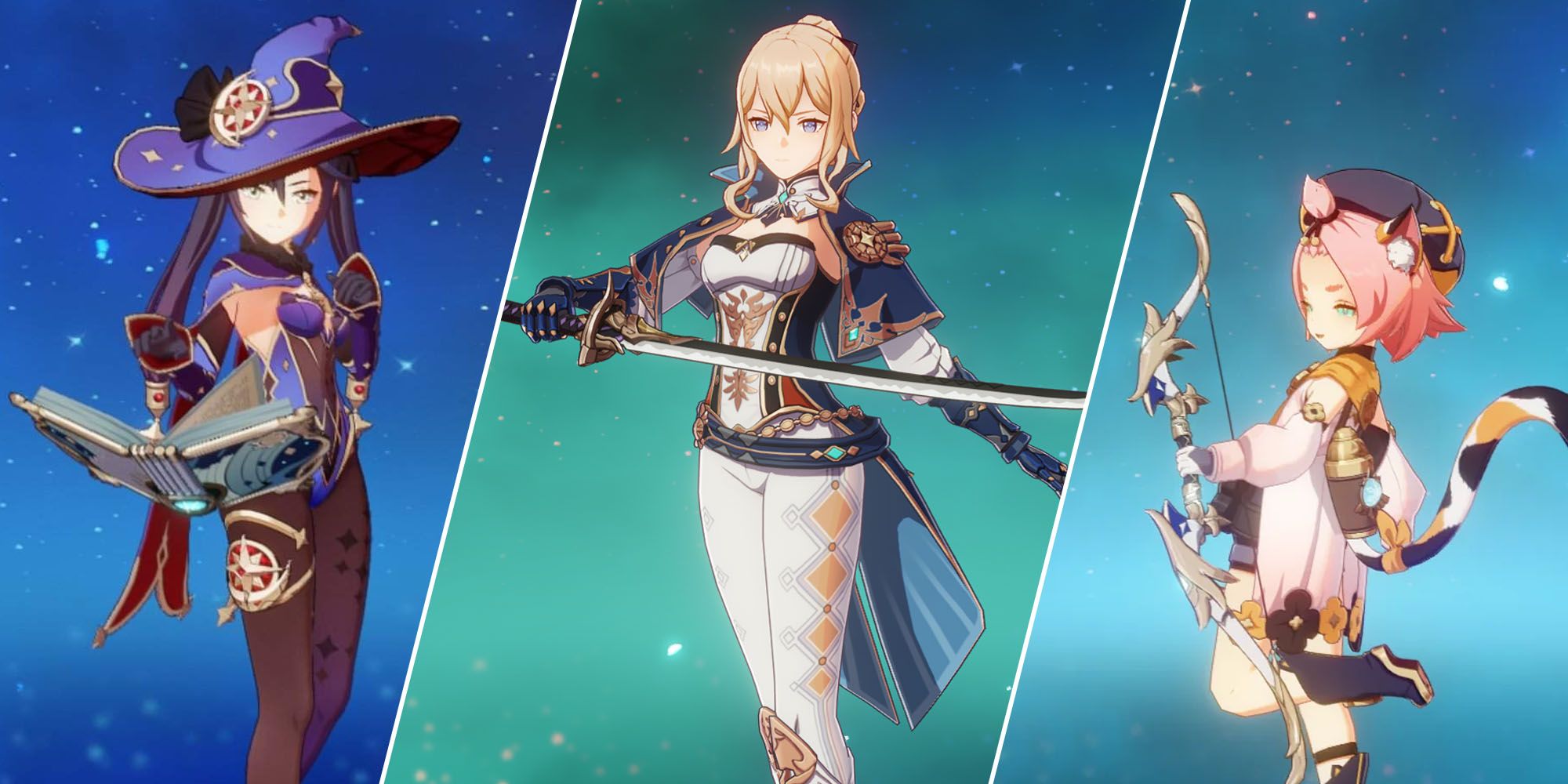 side by side photos of Mona with Widsith, Jean with Amenoma Kageuchi, and Diona with Favonius Warbow in Genshin Impact