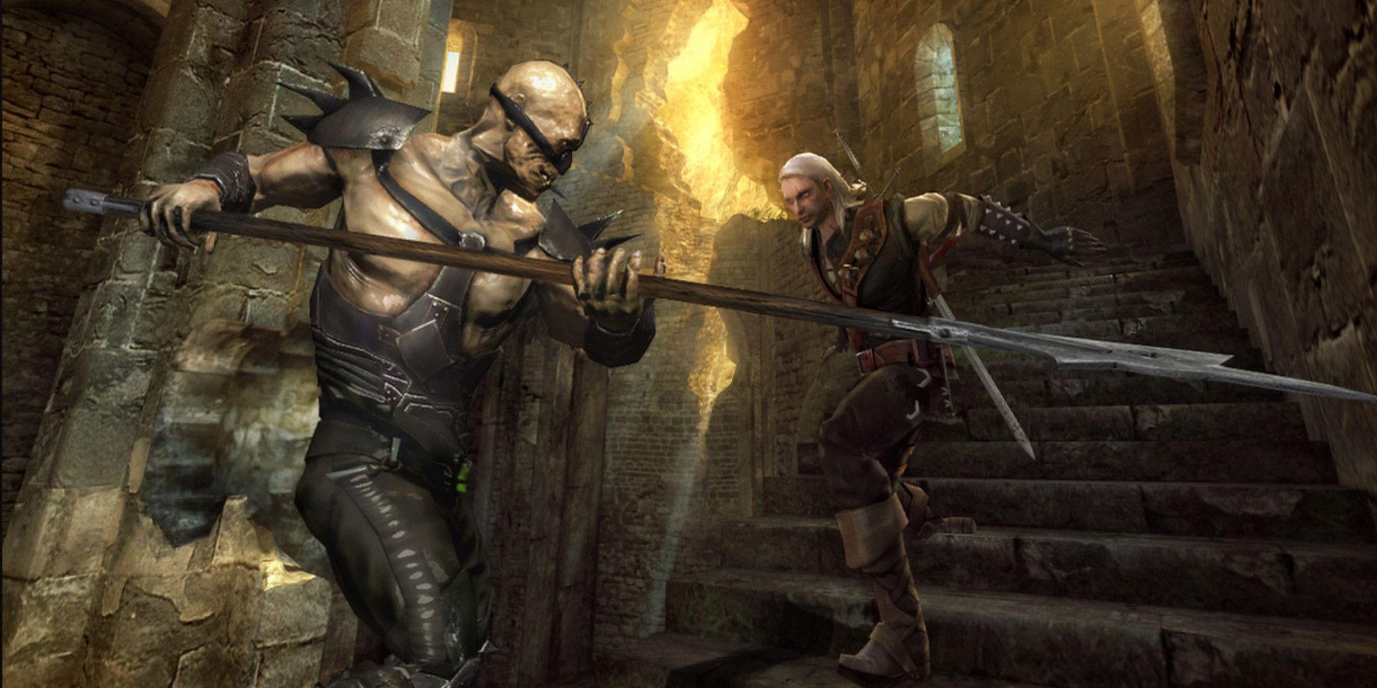 geralt from the witcher fighting a bald man in leather wielding a spear