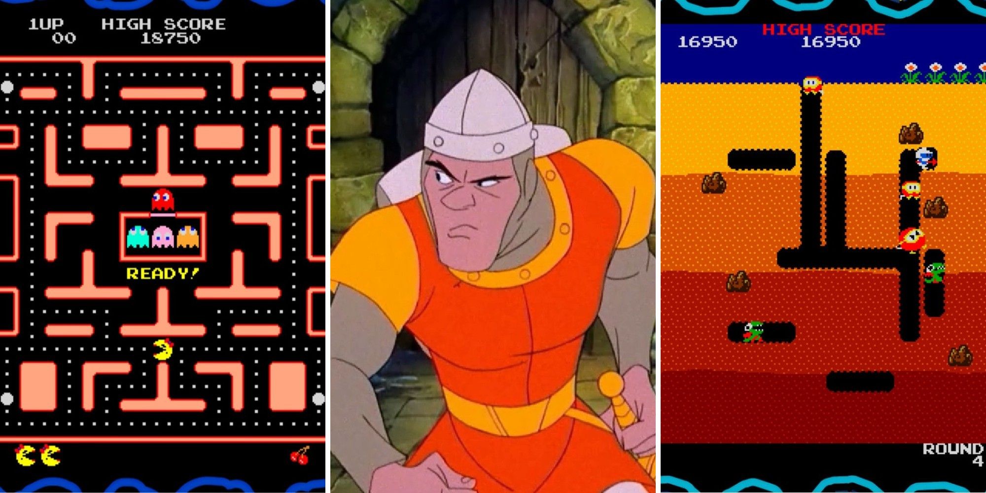 Golden Age Arcade Games Ms PacMan, Dragons Lair, Dig Dug