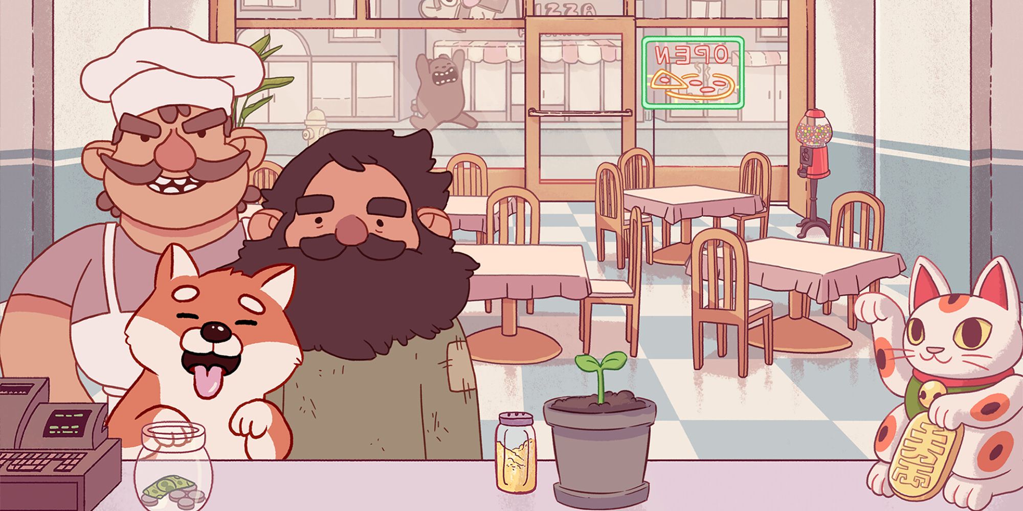 A screenshot from Good Pizza, Great Pizza, in which a chef, a dog, and a bearded man are in front of the counter of a pizza shop.