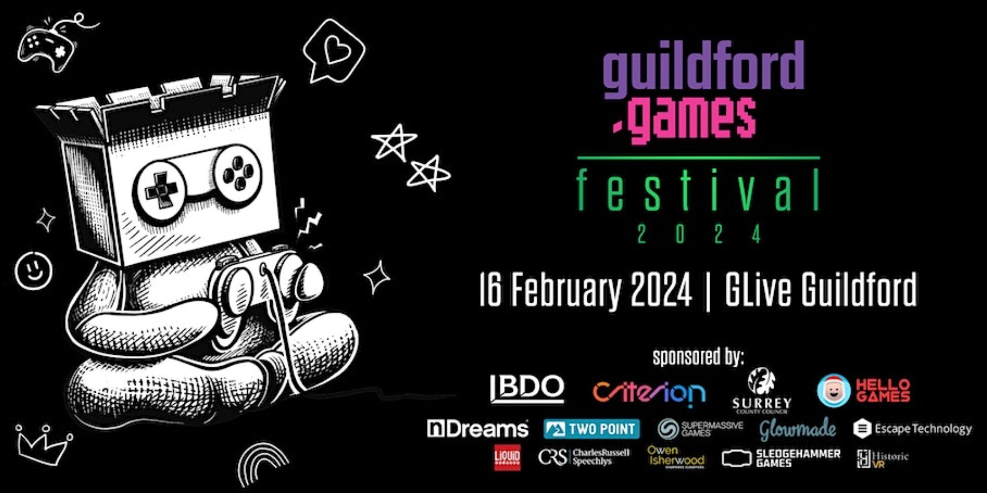 A poster for Guildford Games Festival, showing some of the attendees including Criterion, Hello Games, Supermassive Games, and Sledgehammer Games