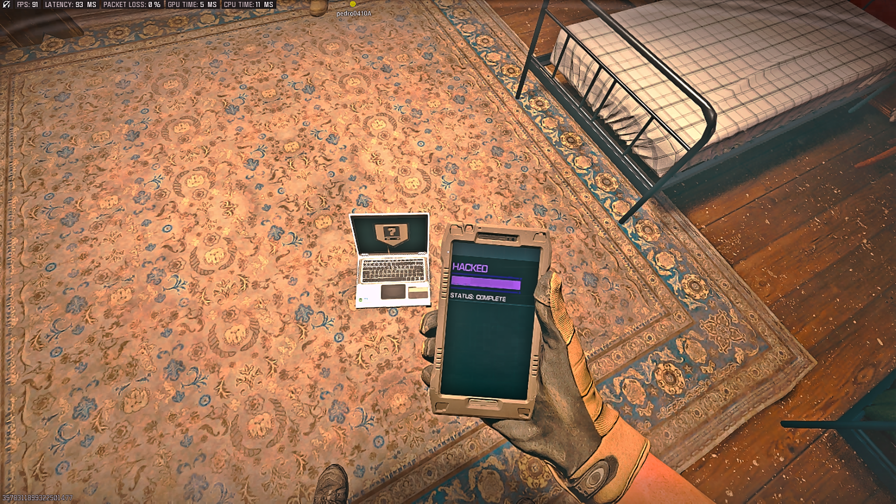 Animation showing the word hacked on a PDA screen in Call of Duty Warzone