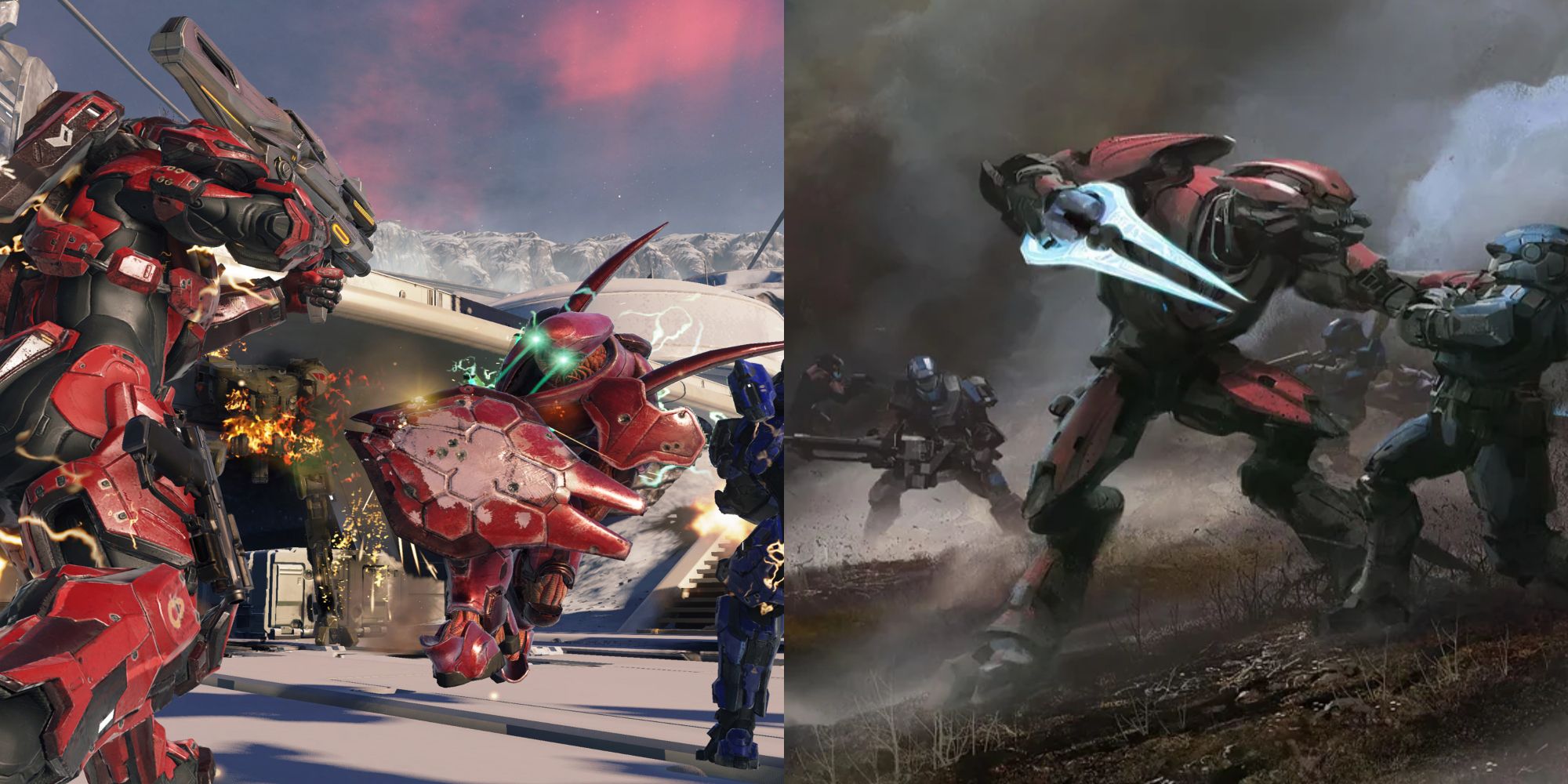 Split image Halo Reach Spartans vs Elites Concept Art and Halo 5 Warzone Hunter
