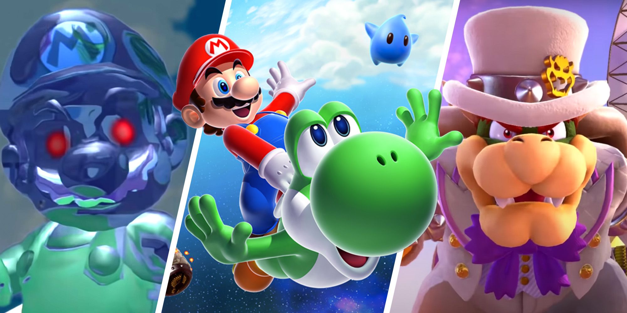 Split image of Mario, Yoshi, Shadow Mario, and Bowser