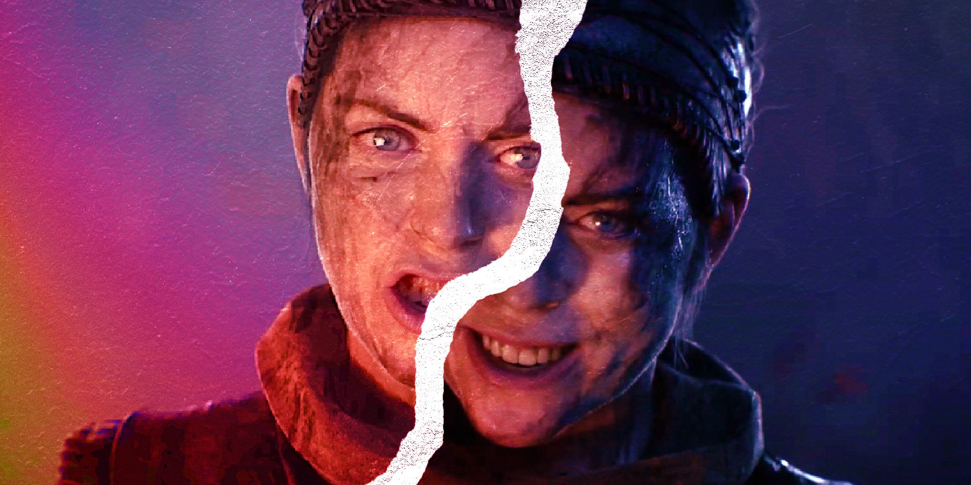Hellblade 2 conflicted feelings represented by Senuas different facial expressions, separated by a white crack