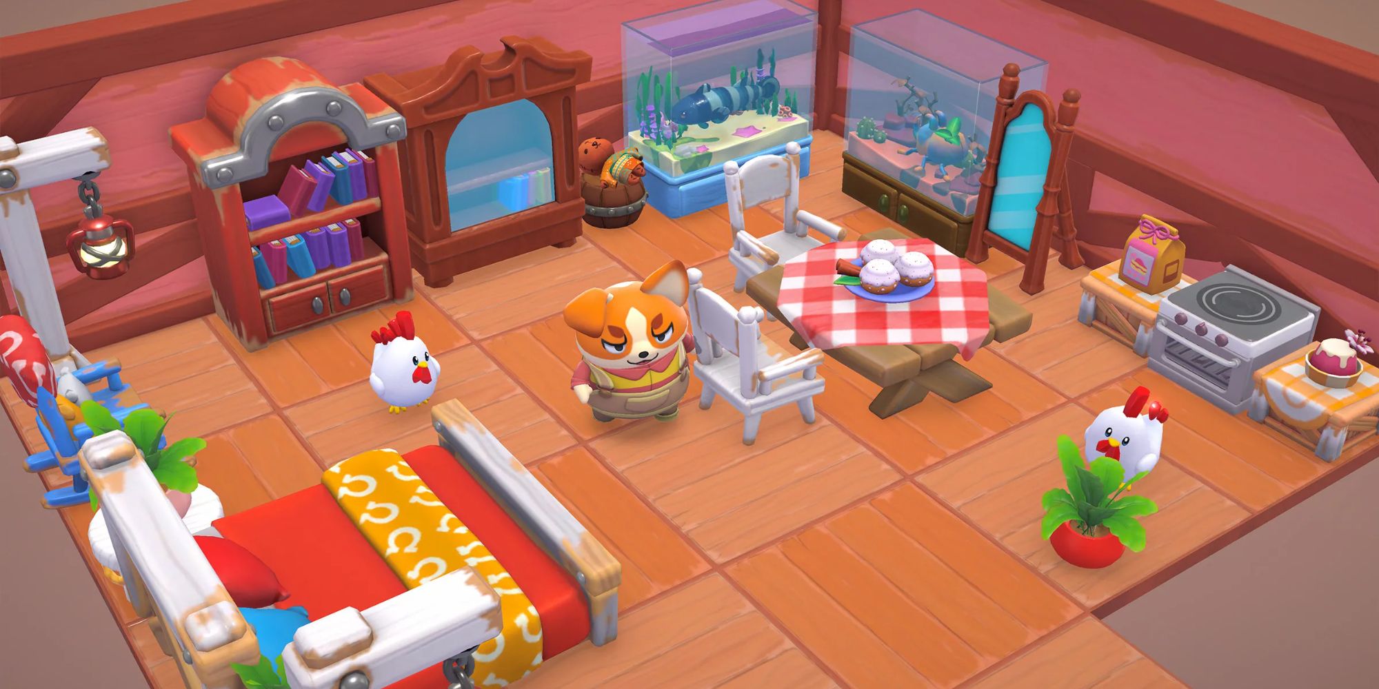 An image from Hello Kitty Island Adventure of a house with a villager and chickens.