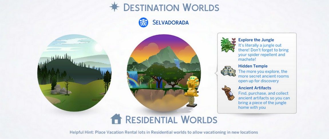 Hervorhebung von Selvadorada im Urlaubsmenü mit der Fertigkeit „Sims 4 Jungle Adventure“ Selvadoradian Culture