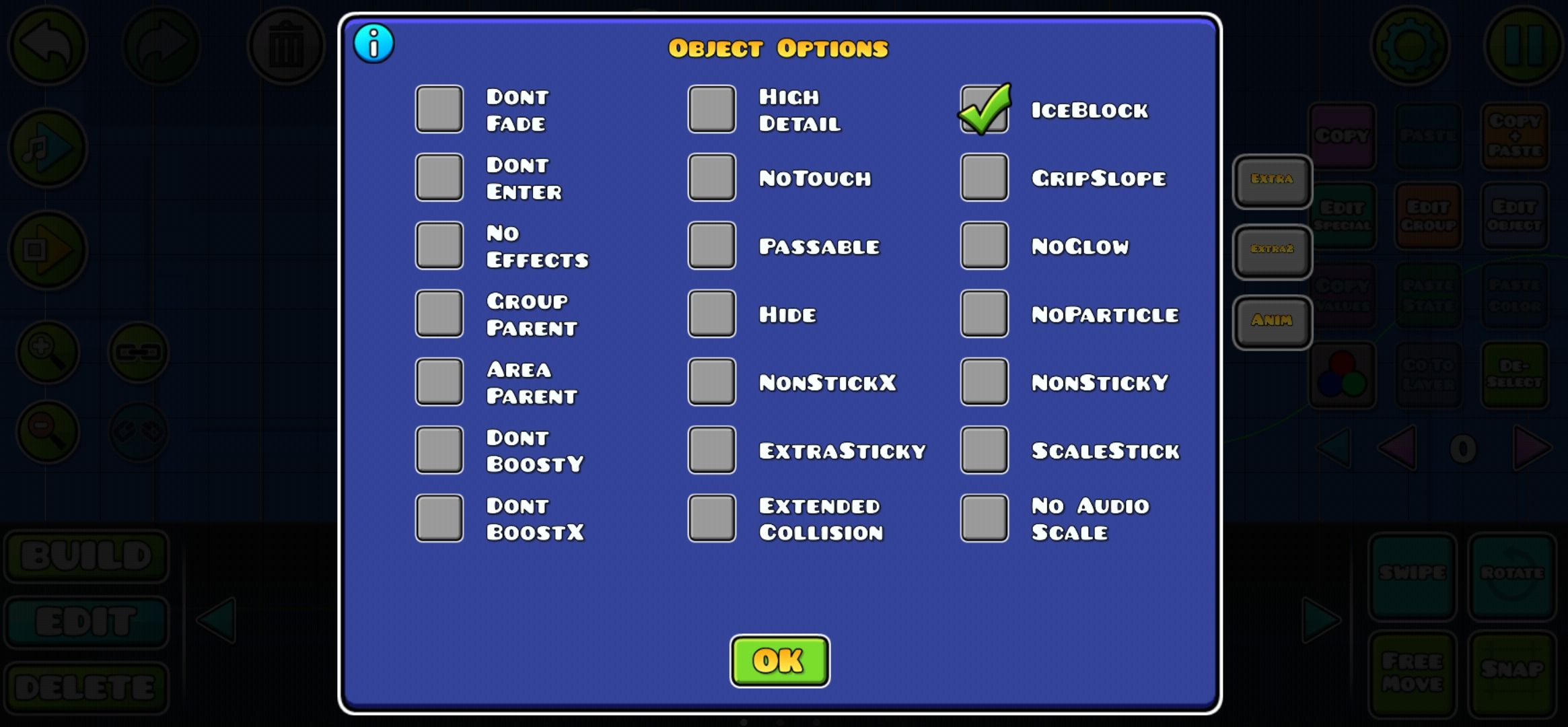 IceBlock option ticked in the Object Options menu of Geometry Dash.