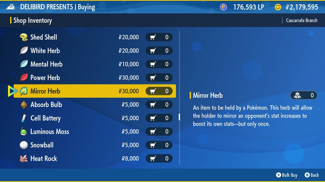 A screenshot of the Delibird Presents shop menu with the Mirror Herb selected
