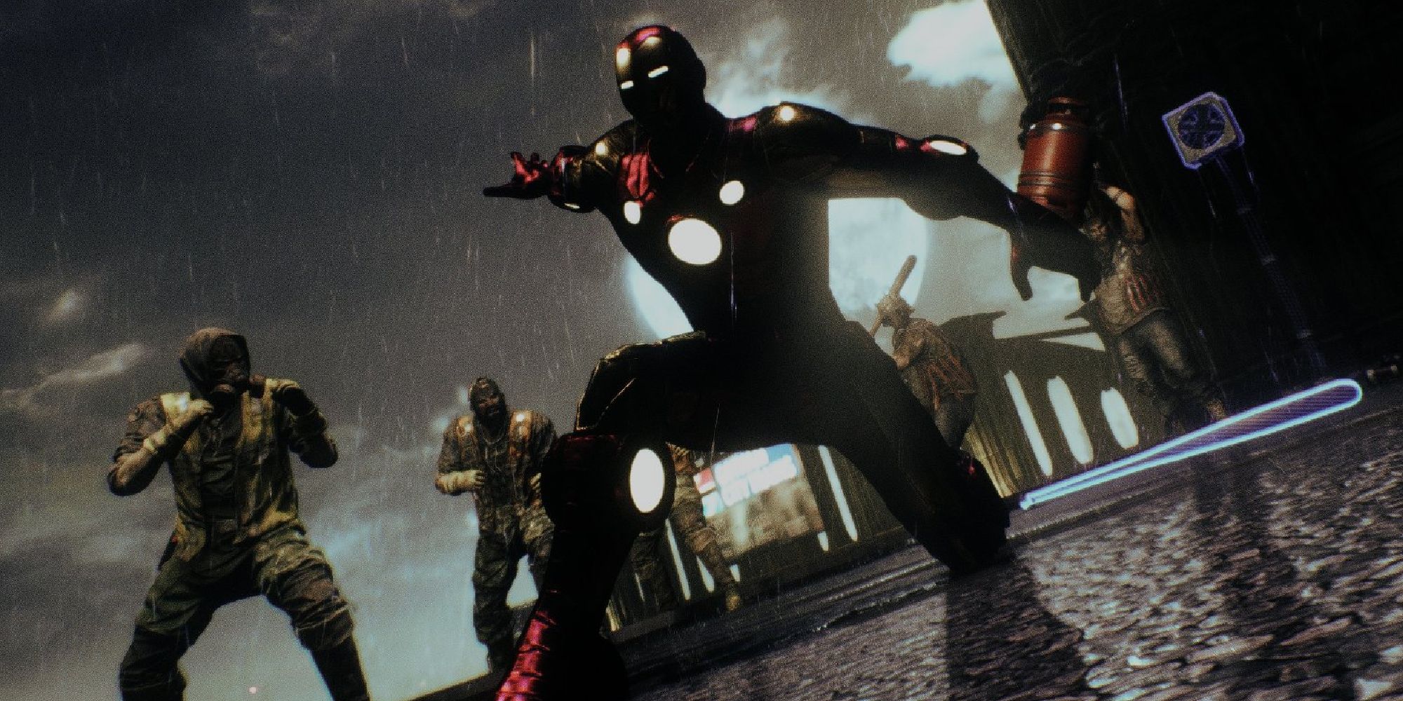 Iron Man in Arkham Knight posing in front of goons