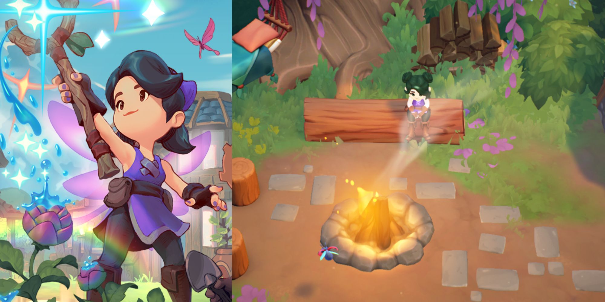 is fae farm with worth it featured image, with the fae farm title screen with a player character holding a magical staff in triumph and to the right a farmer sitting on a log in front of a fire