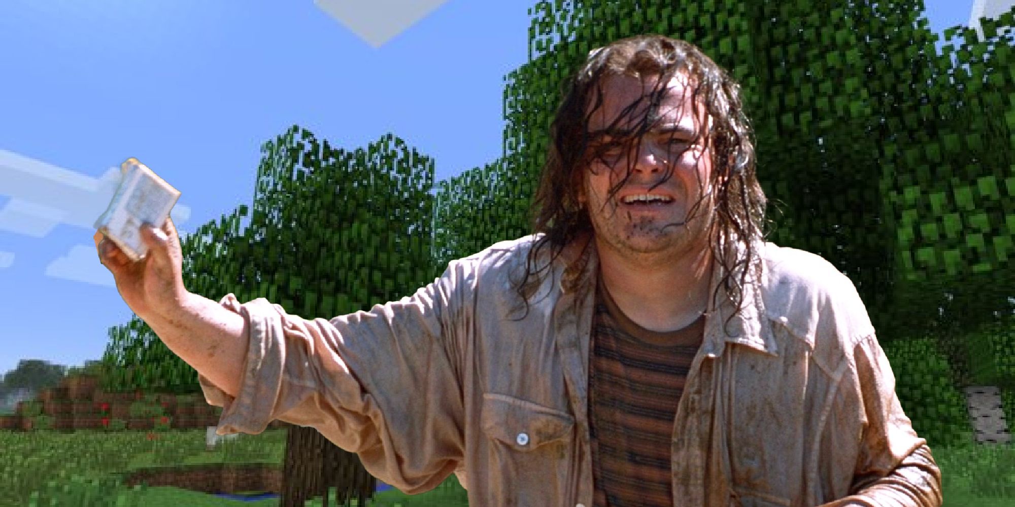 Jack Black covered in dirt with ragged sweaty hair inside of Minecraft, standing in front of a forest