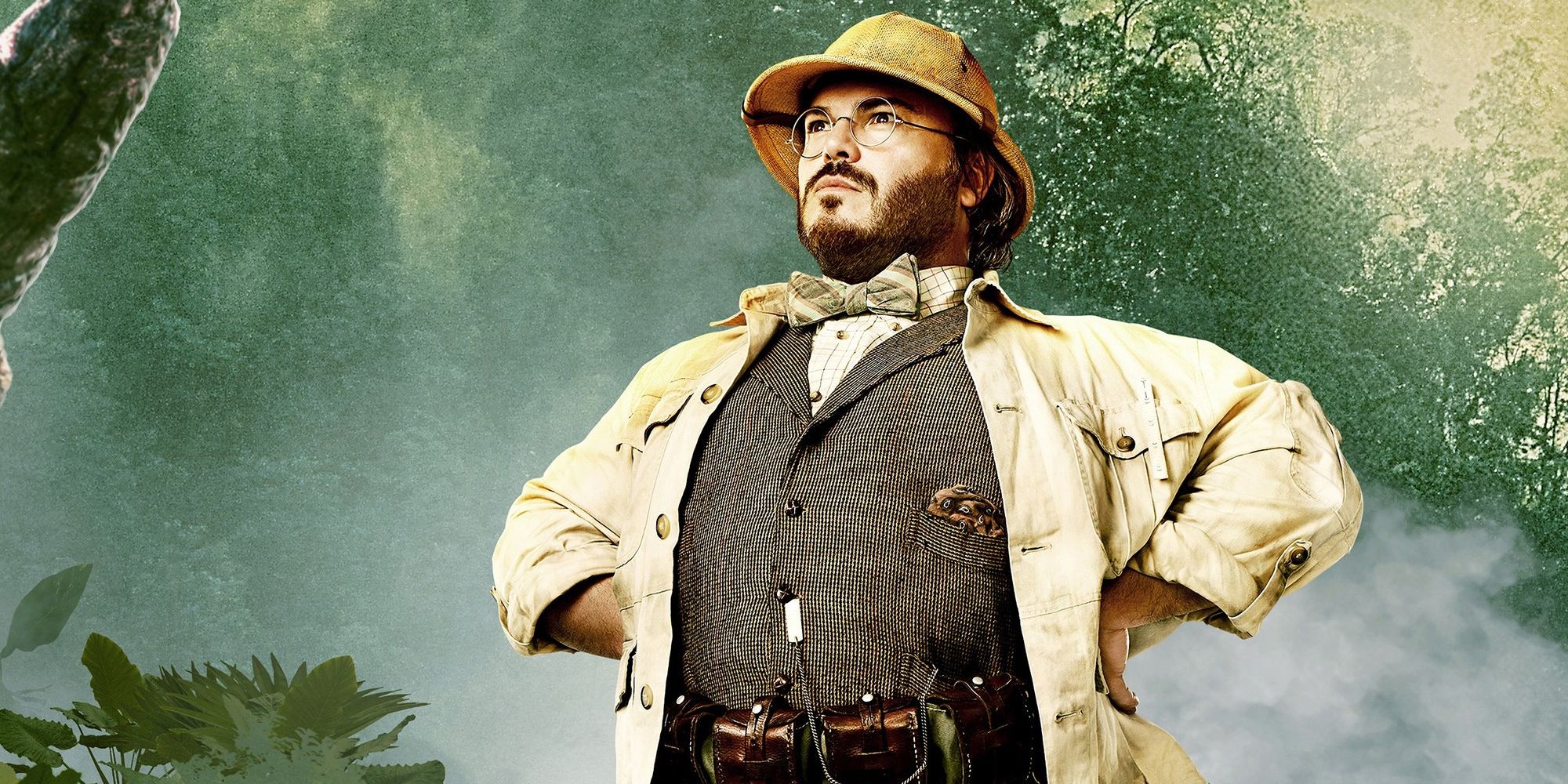 Jack Black with his hands on his hips in a jungle in Jumanji promo art