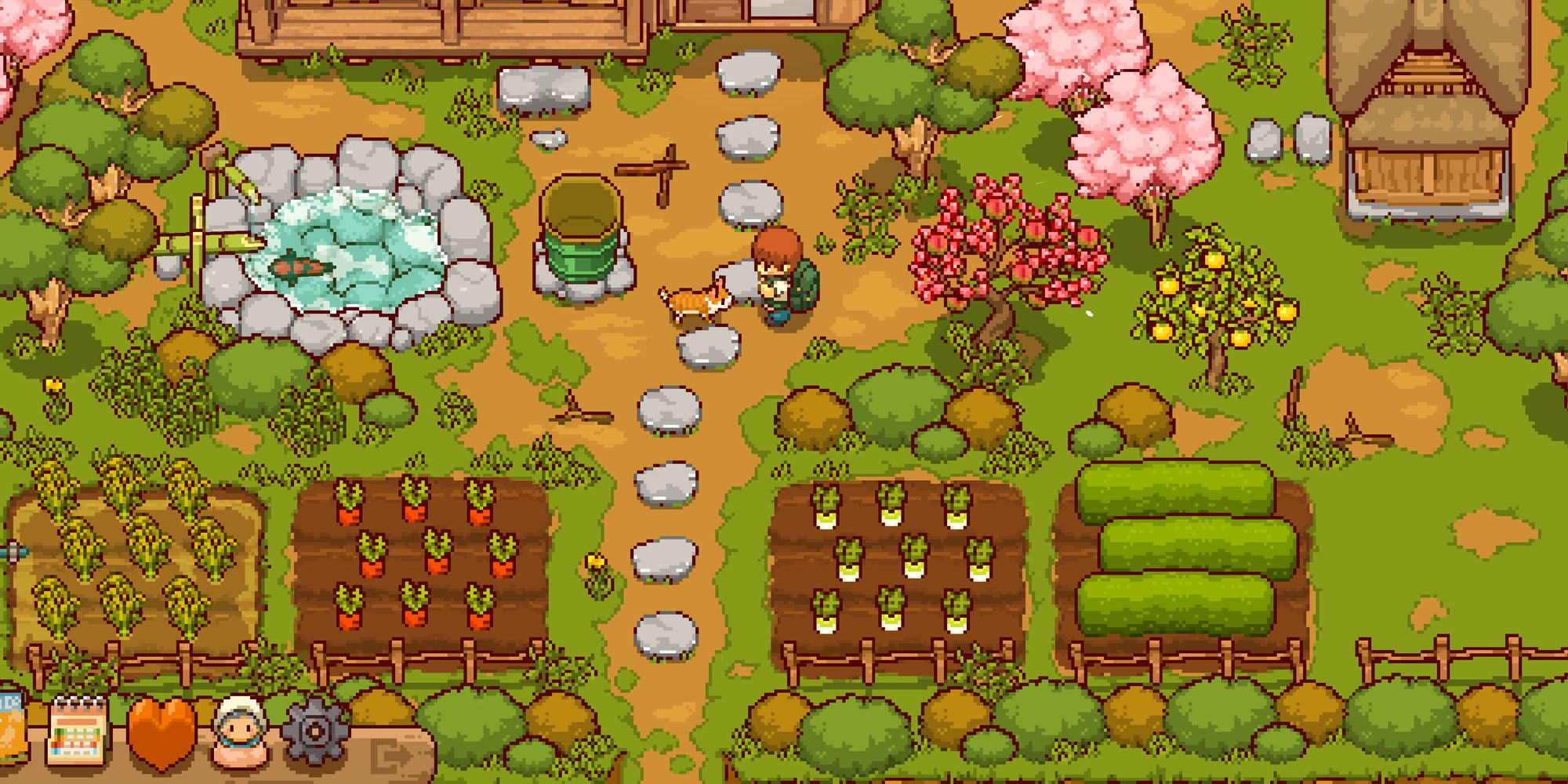 An image from Japanese Rural Life Adventure, in which a farmer and his dog sit in a lovely vegetable garden.