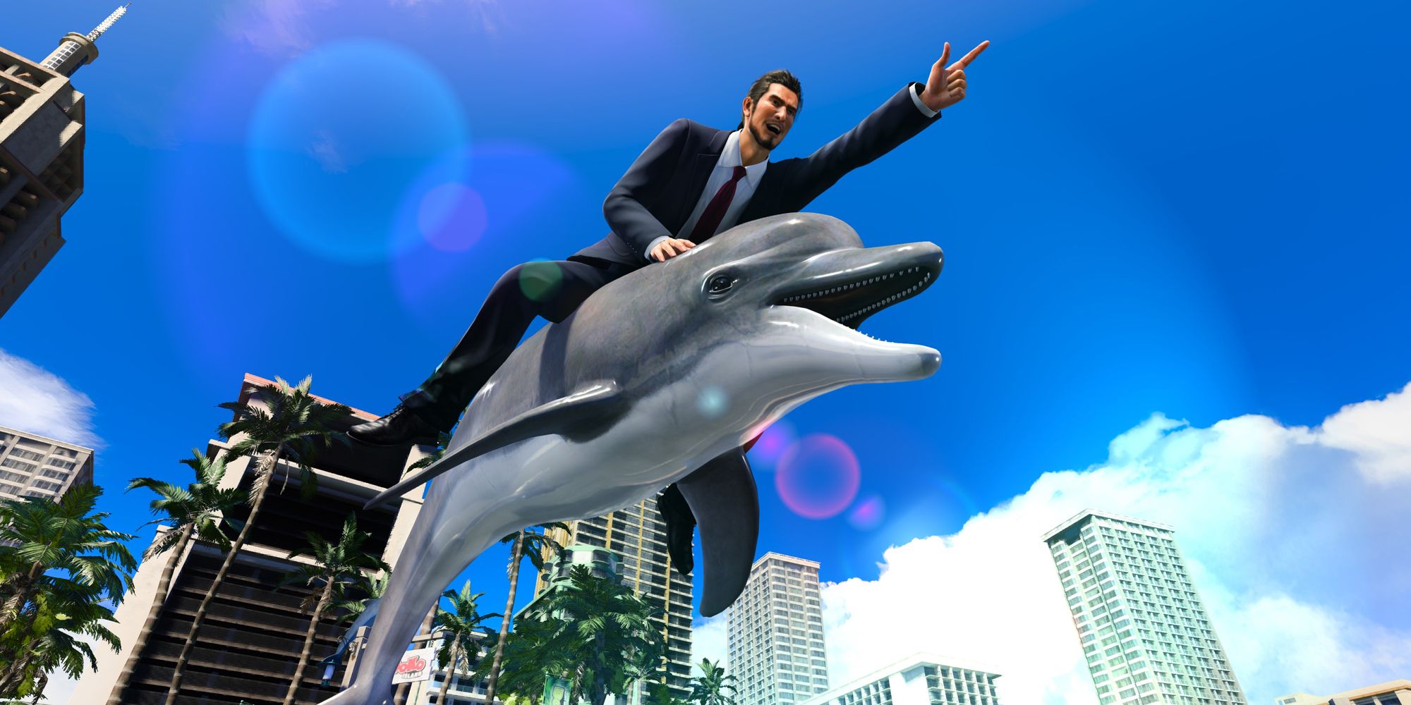 Kasuga in his Hello Work employee outfit while riding a dolphin in Like a Dragon Infinite Wealth.