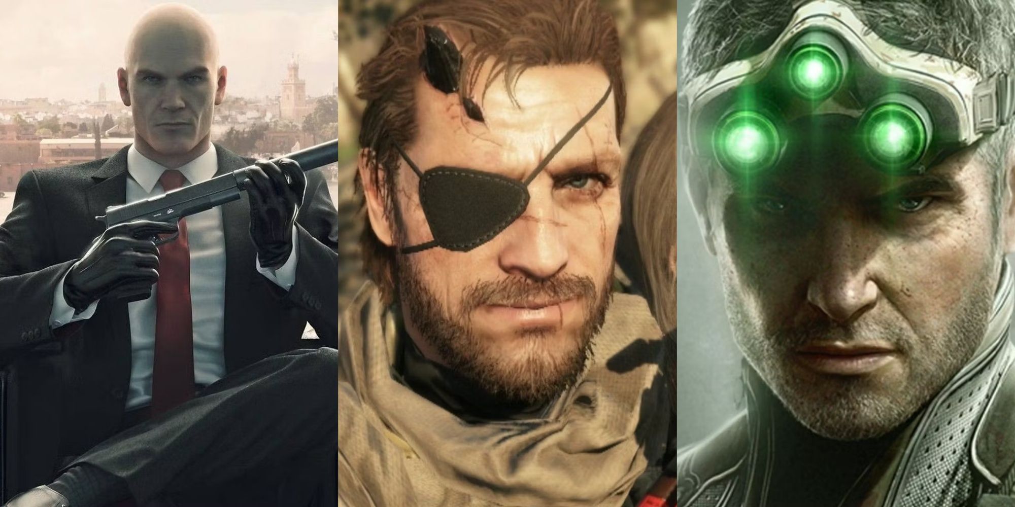 Key art of Agent 47 from Hitman and Sam Fisher from Splinter Cell Blacklist, plus Snake from Metal Gear Solid 5.