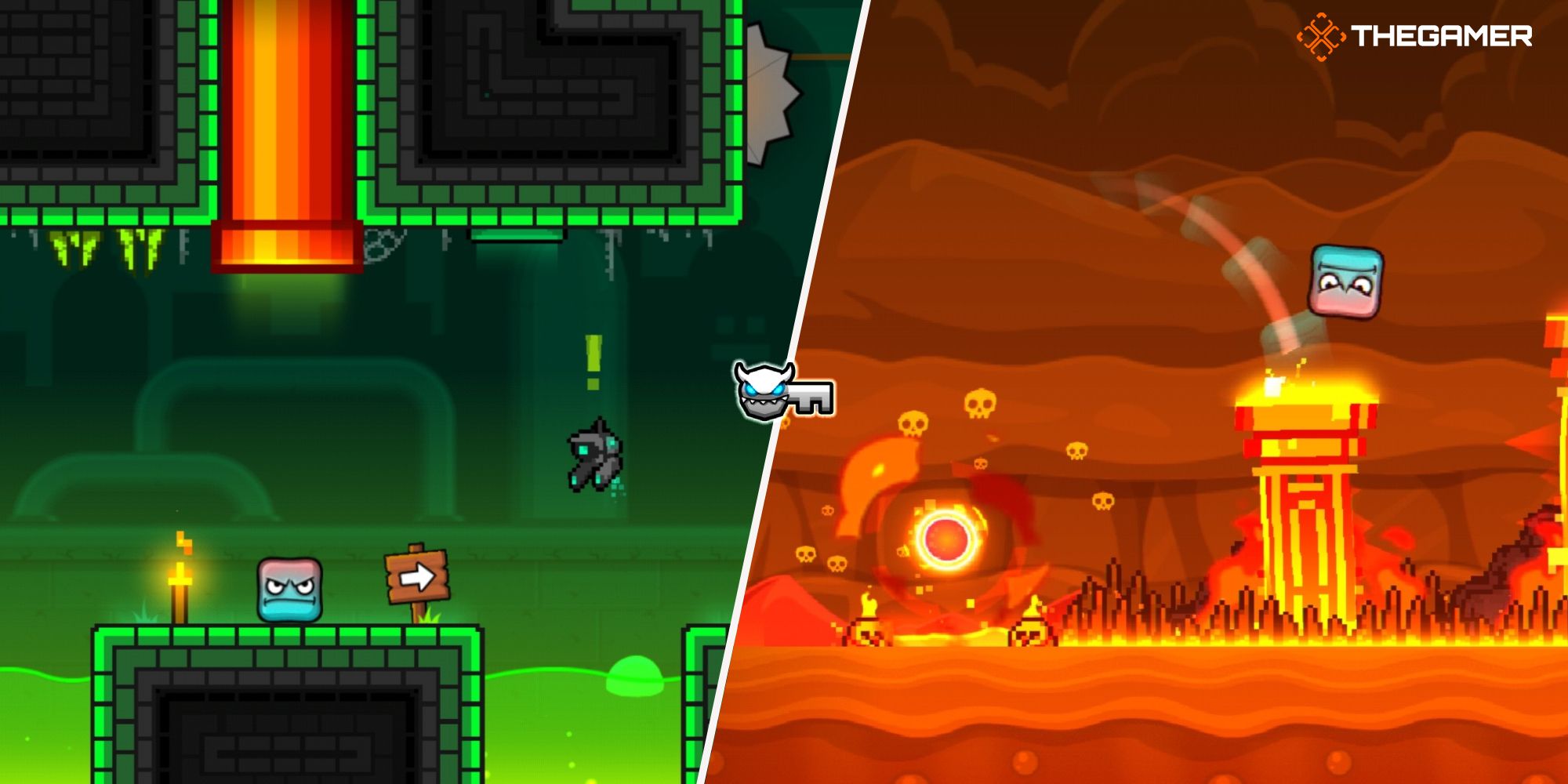 Right: Dash level, Left: the sewers level, in Geometry Dash