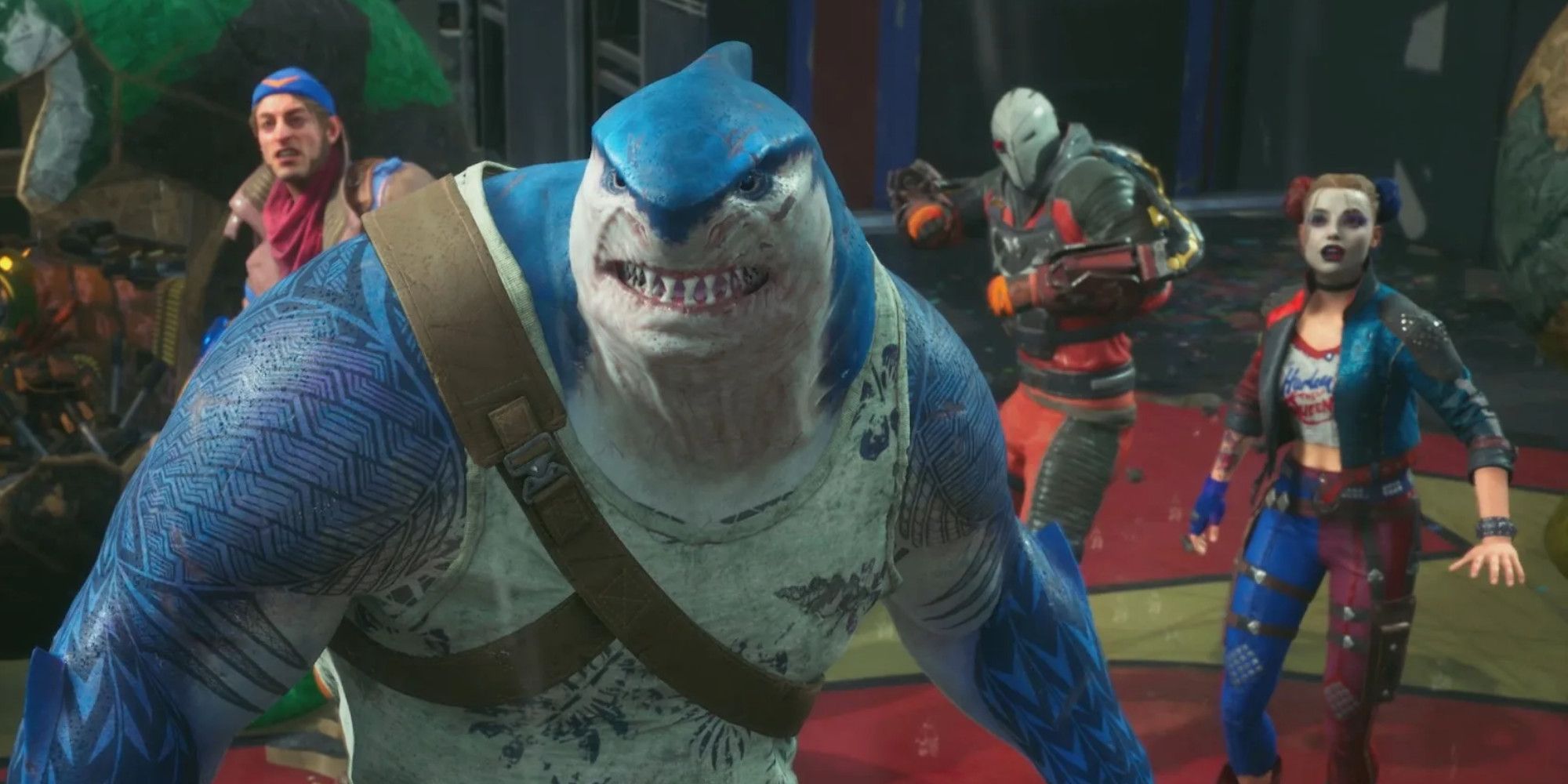 King Shark and the other members of the Suicide Squad in the background