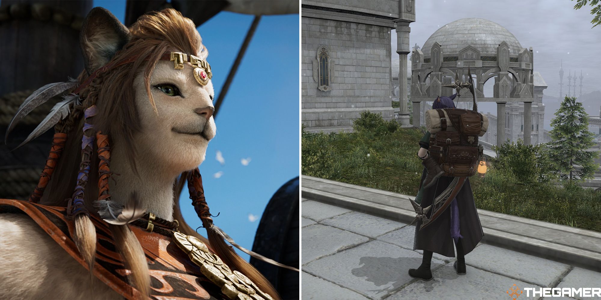 wuk lamat female hrothgar in the dawntrail trailer and character with the knapsack backpack fashion accessory split