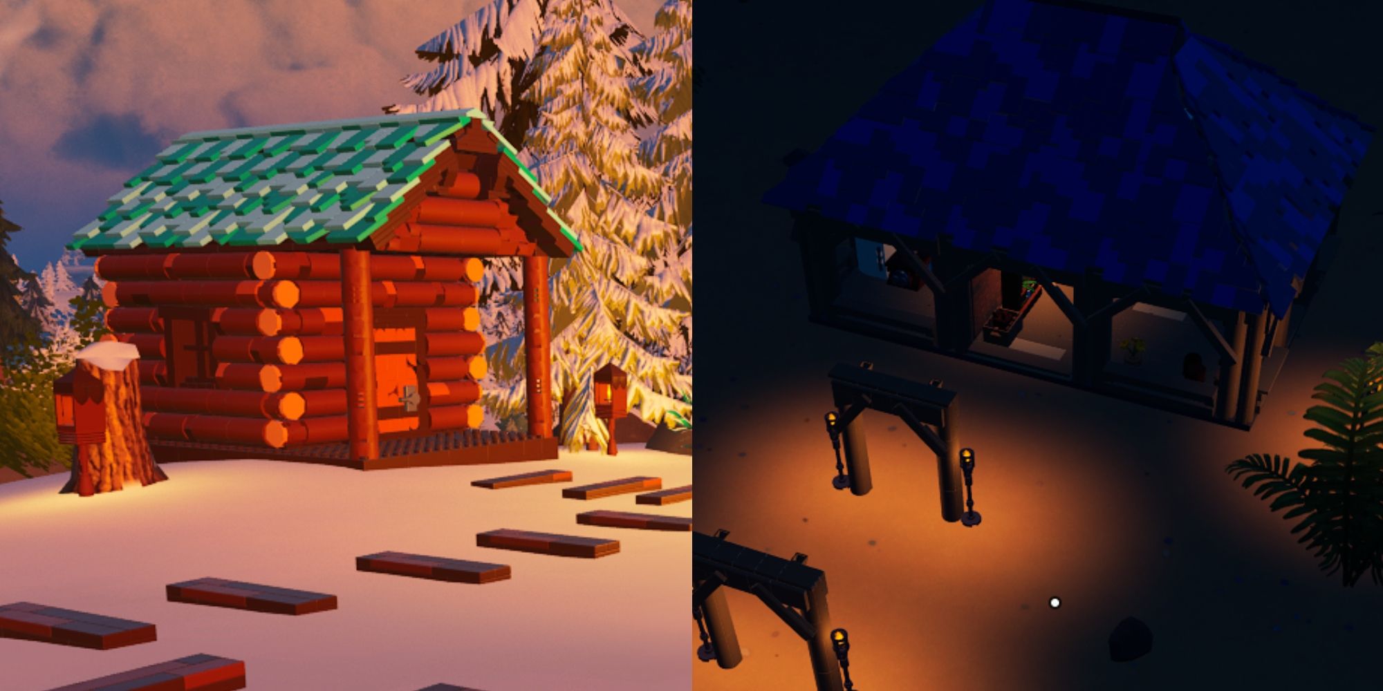 Lego Fortnite log cabin in frostlands and pavillion at night