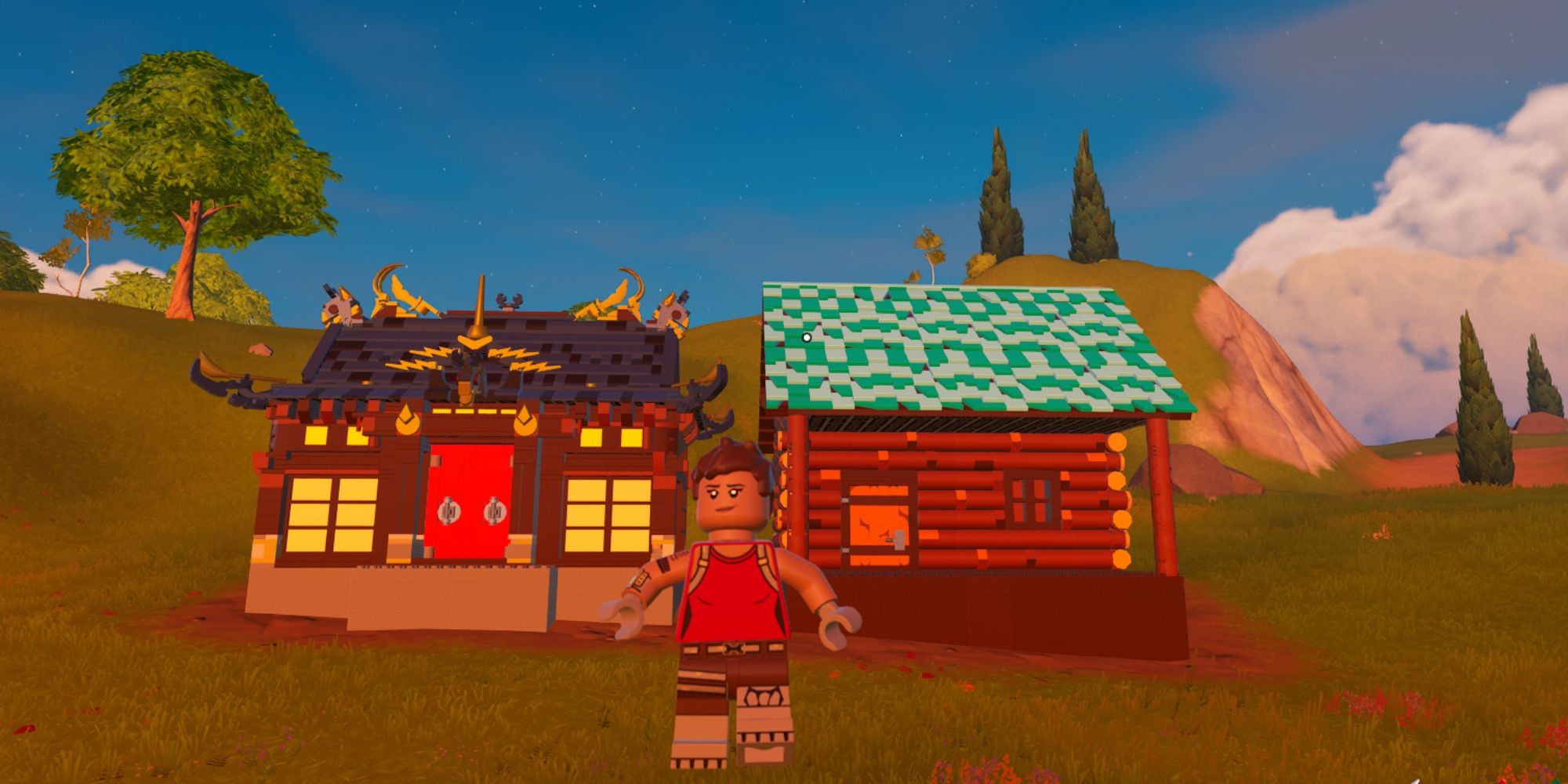 Lego Fortnite player in front of shogun house and log cabin in grasslands