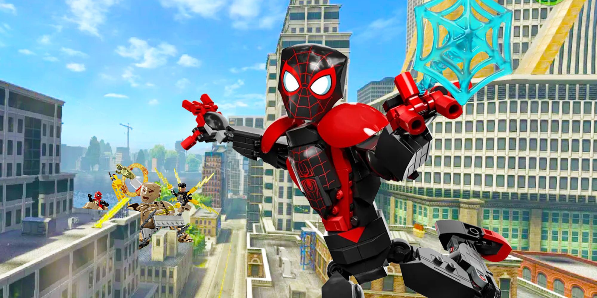 lego miles morales swinging through a city