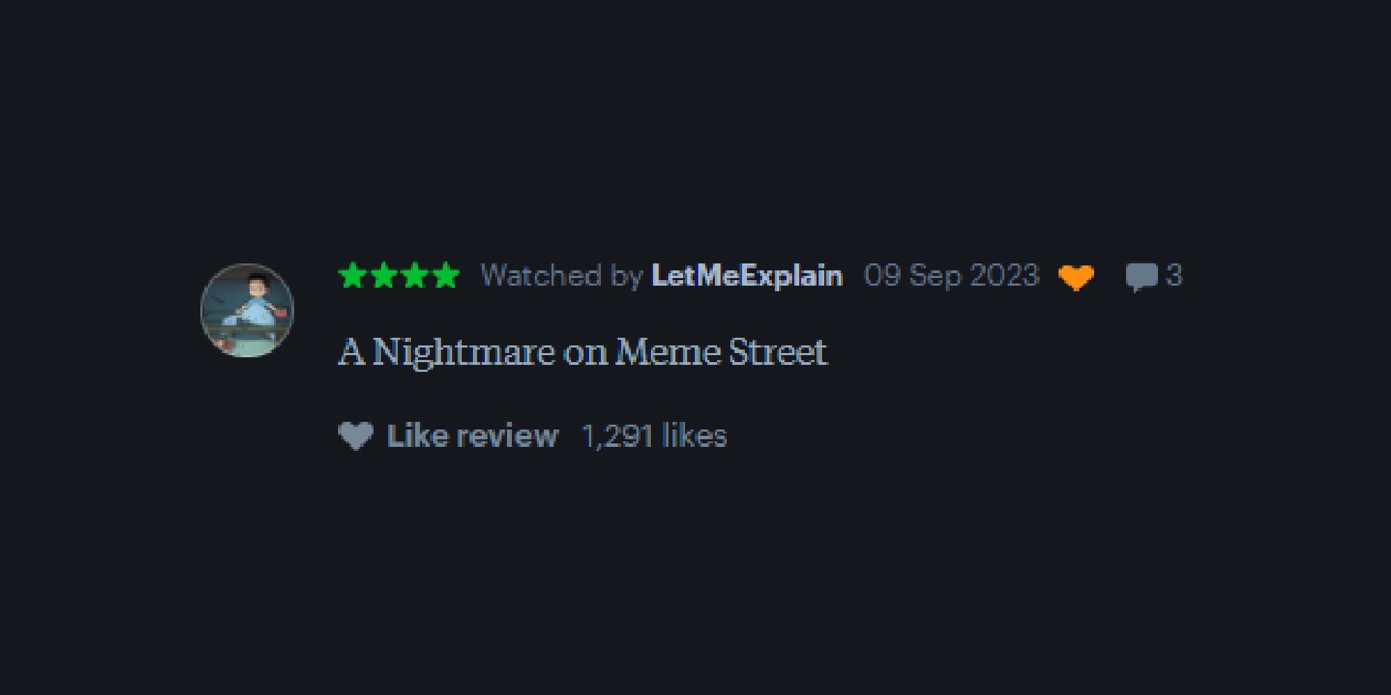 Letterboxd review for Dream Scenario that reads Nightmare on Meme Street