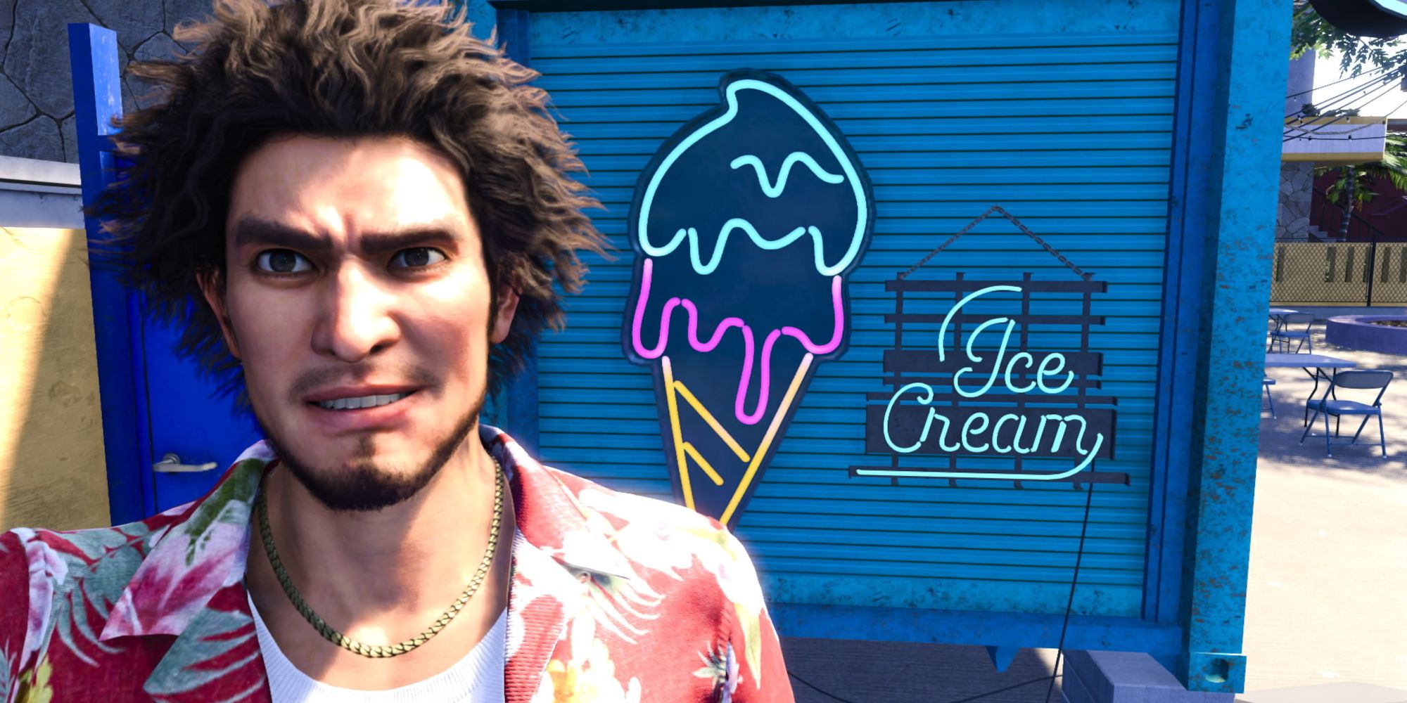 Like A Dragon Infinite Wealth, Ichiban taking a selfie with an ice cream sign