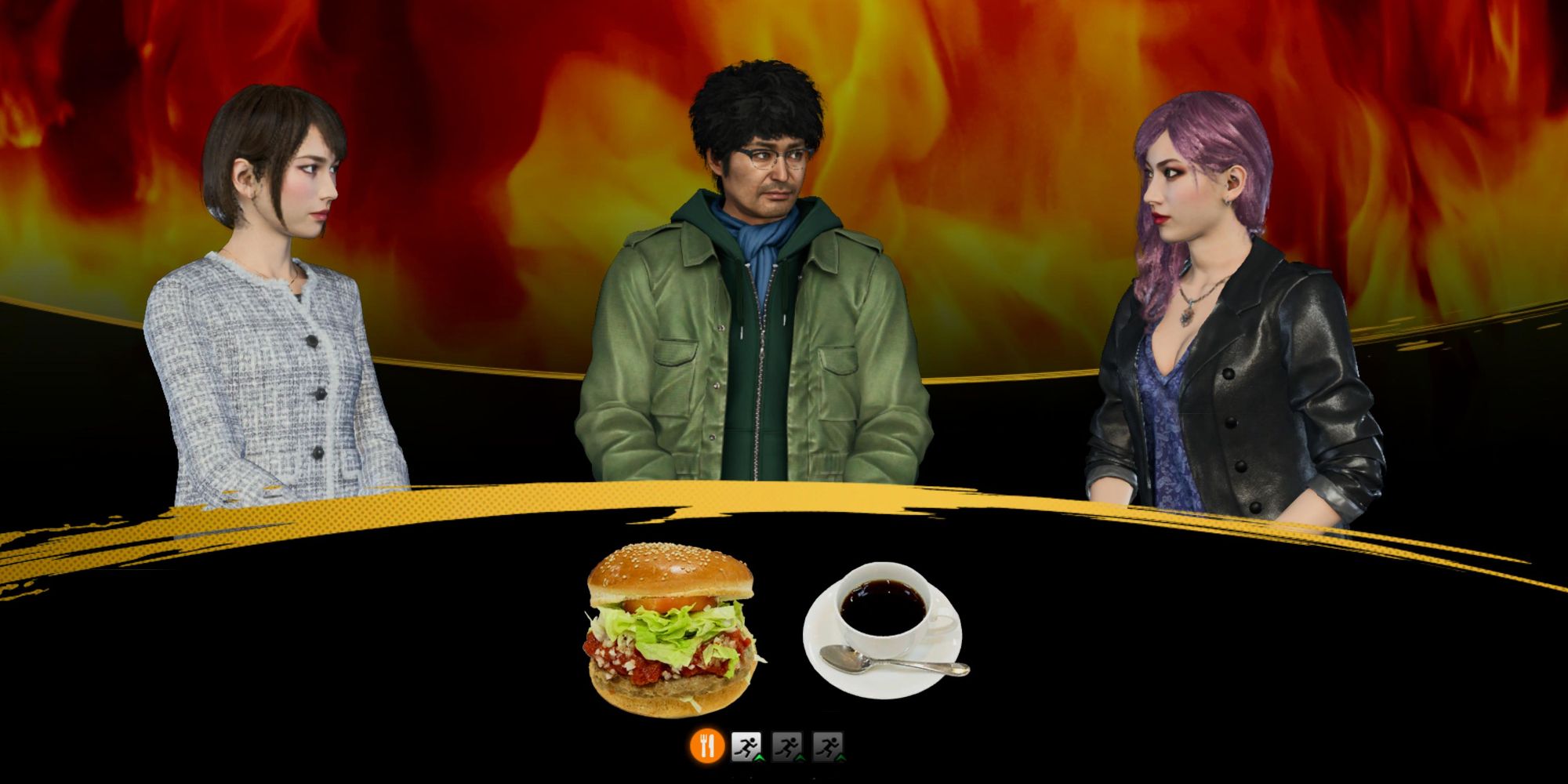  Like A Dragon Infinite Wealth, Saeko, Seonhee, and Nanba having a conversaton while eating a burger