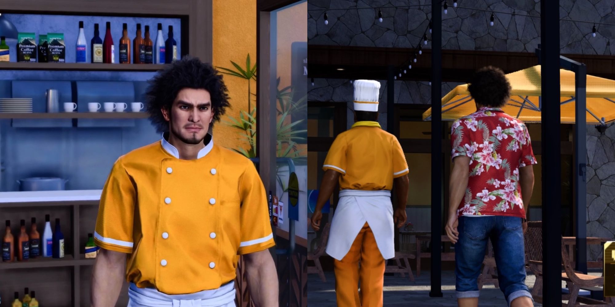 Ichiban in uniform on the left, Ichiban approaching chef on the right
