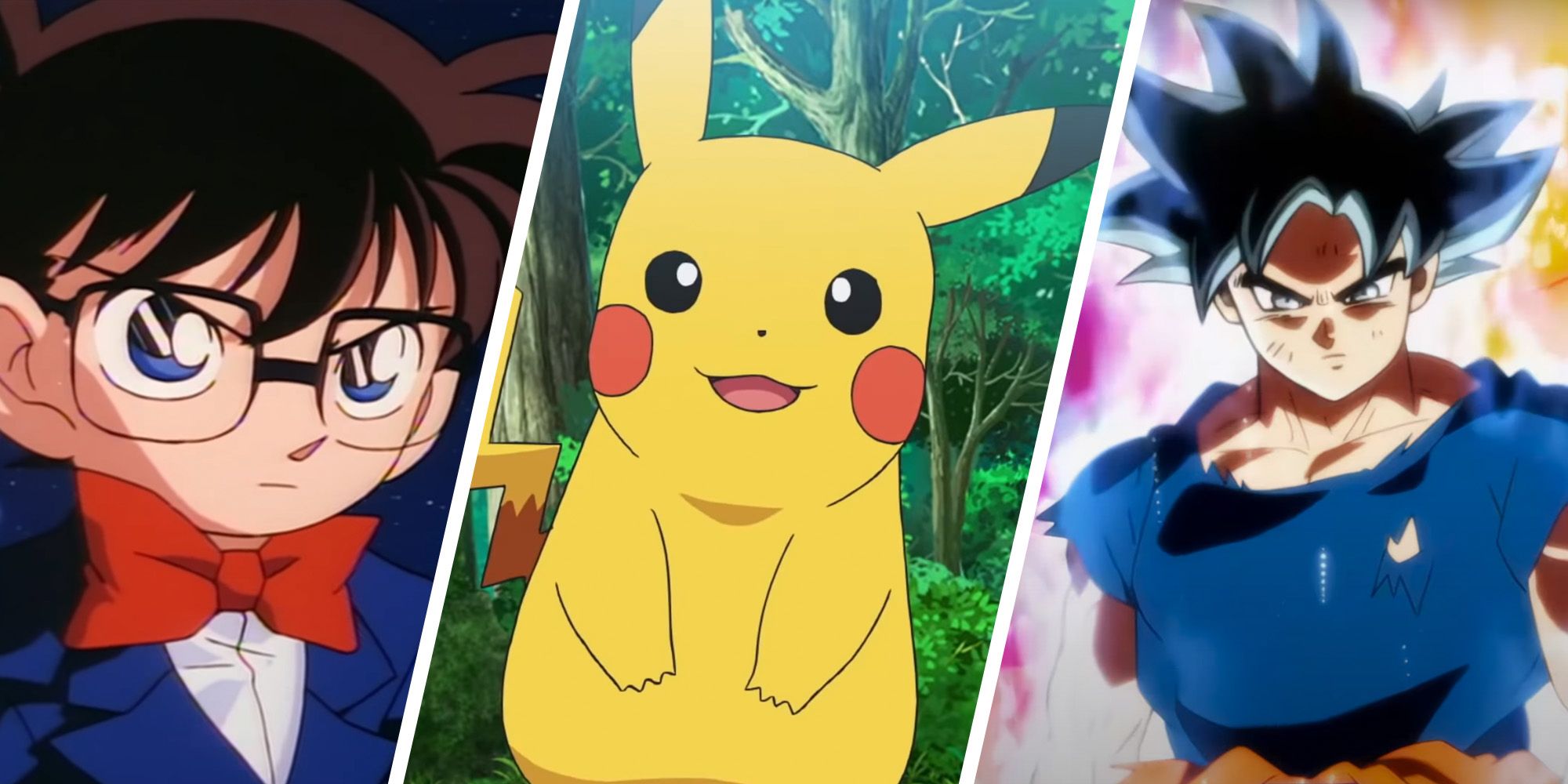 Split image of the anime series Pokemon, Dragon Ball, and Cased Closed
