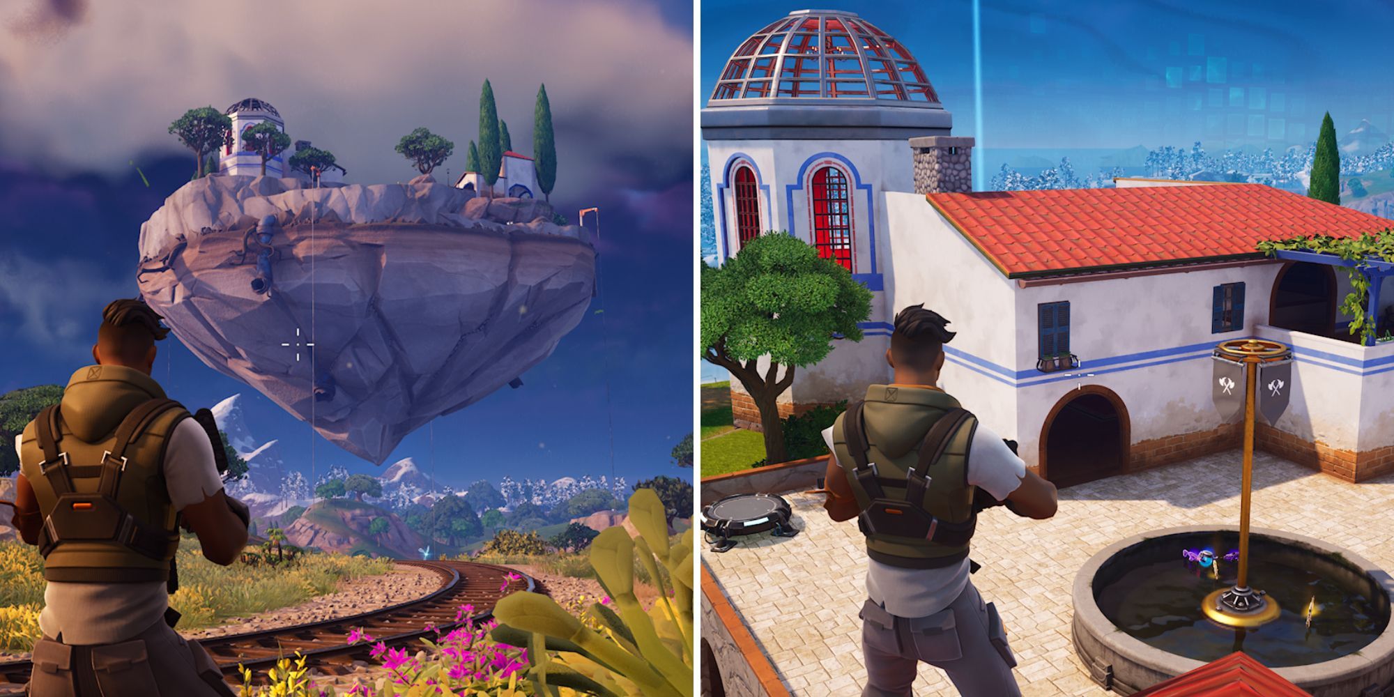 Collage of a Loot Island seen from the ground and from the rooftops on the island in Fortnite.