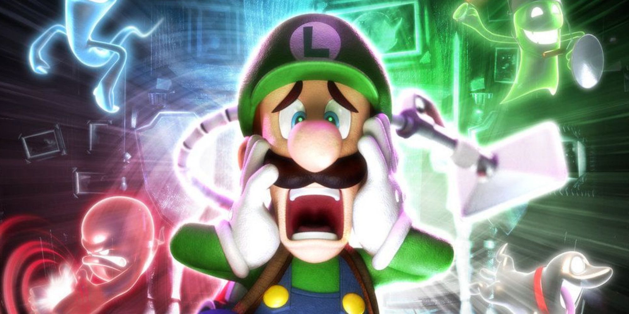 Luigi screaming in front of four different color ghosts in the background