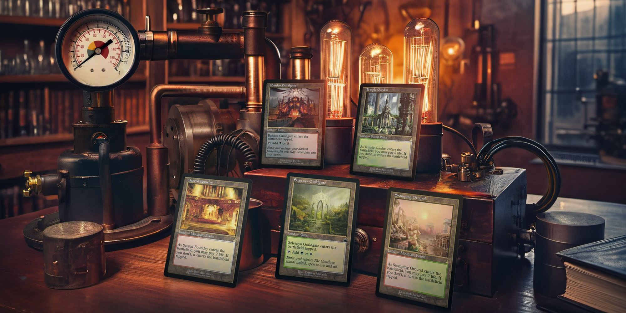 A collection of Magic: The Gathering cards, posed in a backdrop that looks Steampunk inspired