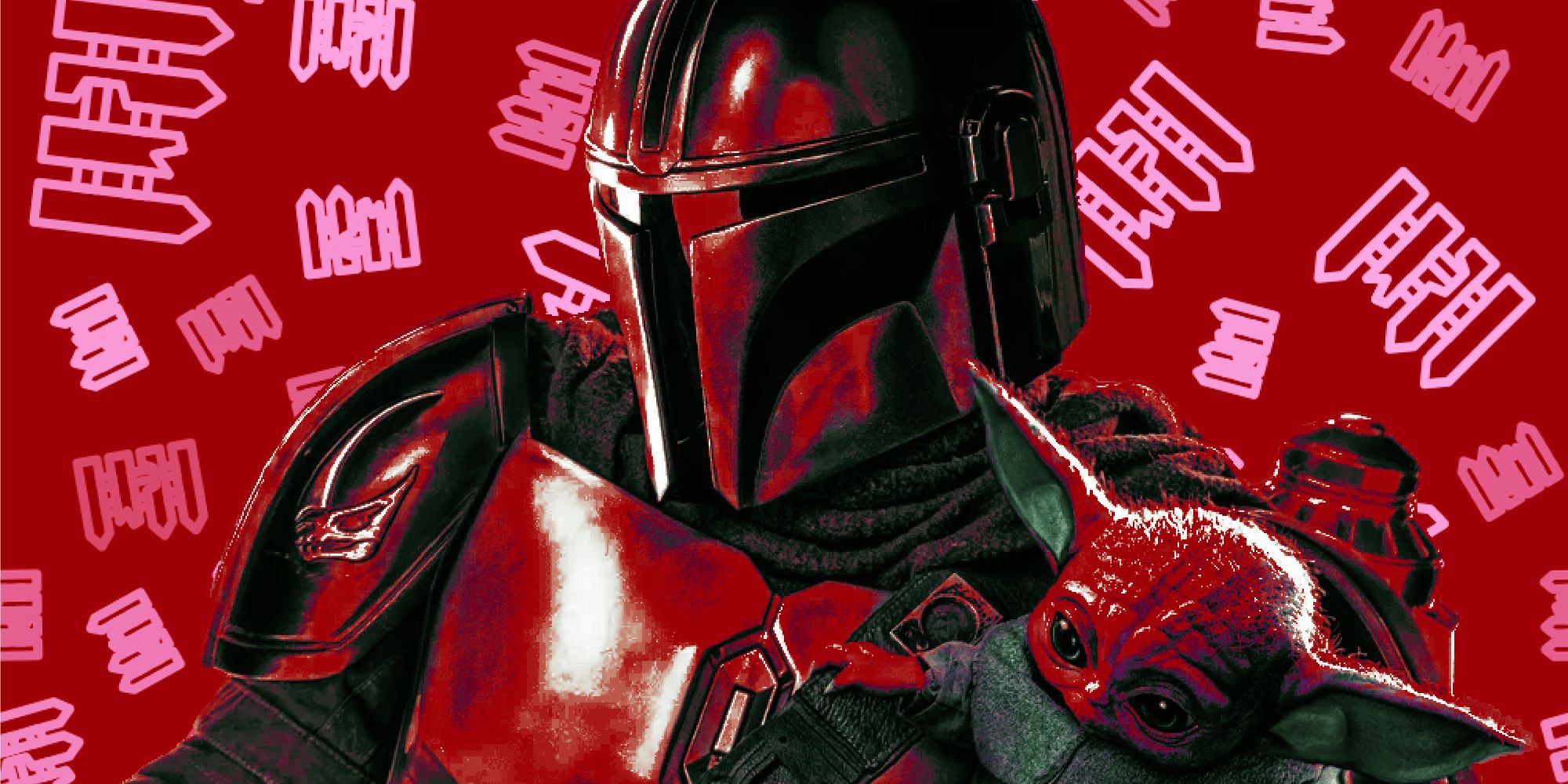 Mandalorian and Grogu in red, over a red background with a pattern of a broken fence