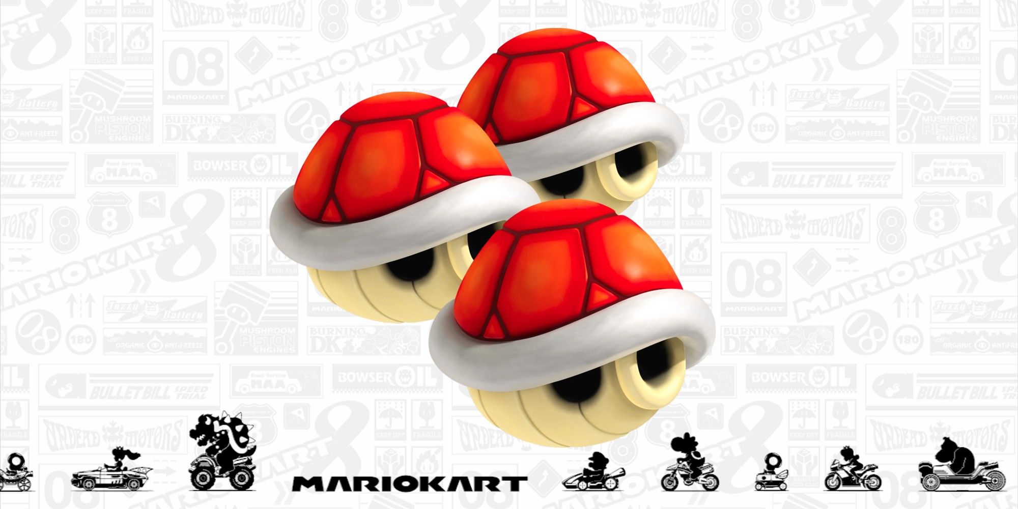 Dreifache rote Granaten gegen den Mario Kart 8-Ladebildschirm. 