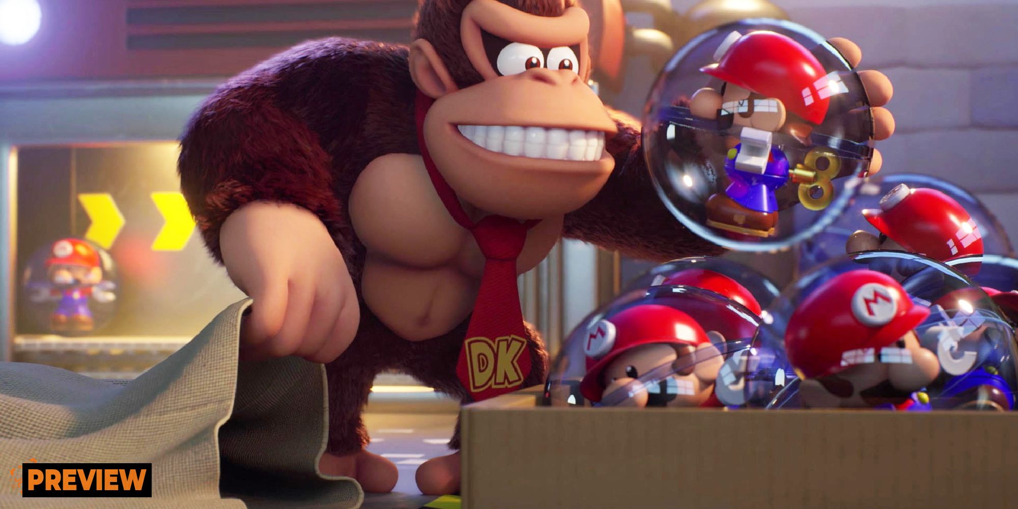 Vorschaukarte „Mario vs. Donkey Kong“ mit Donkey Kong, der ein Mario-Spielzeug hält
