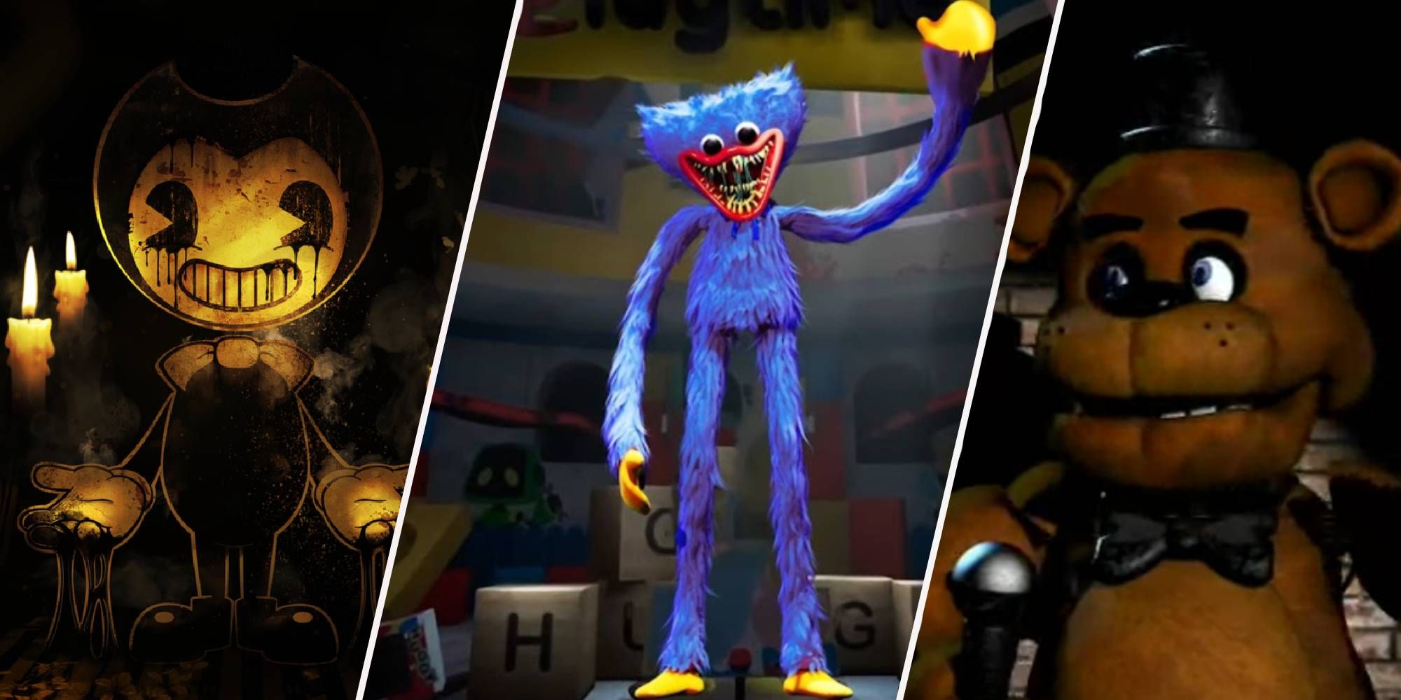 A feature image with Bendy, Huggy Wuggy, and Freddy Fazbear from left to right. 