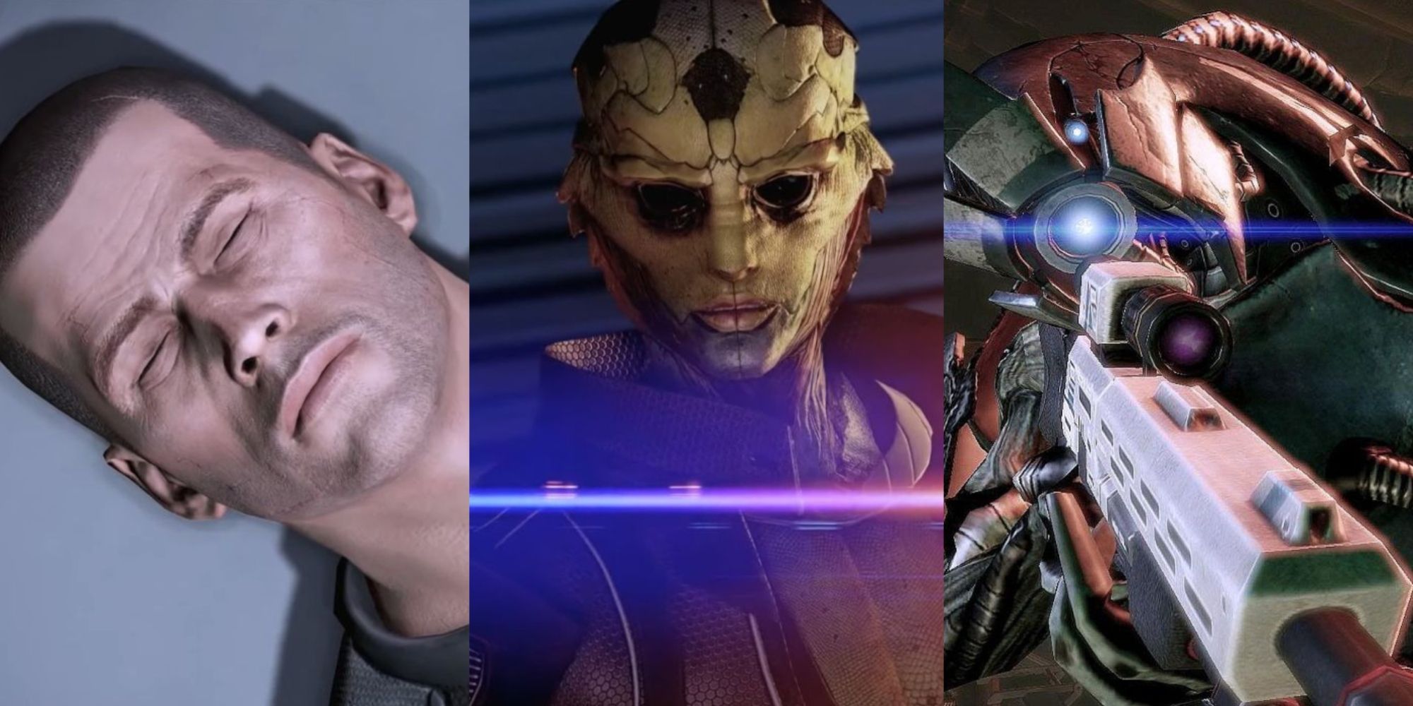 Mass Effect 2 Optimal Mission Order Featured Split Image Shepard, Thane, and Legion