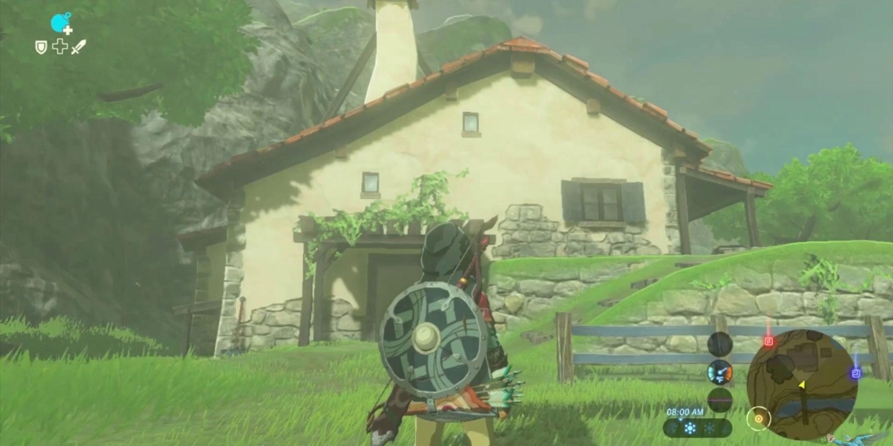 Link steht vor seinem Haus in The Legend of Zelda: Breath of the Wild