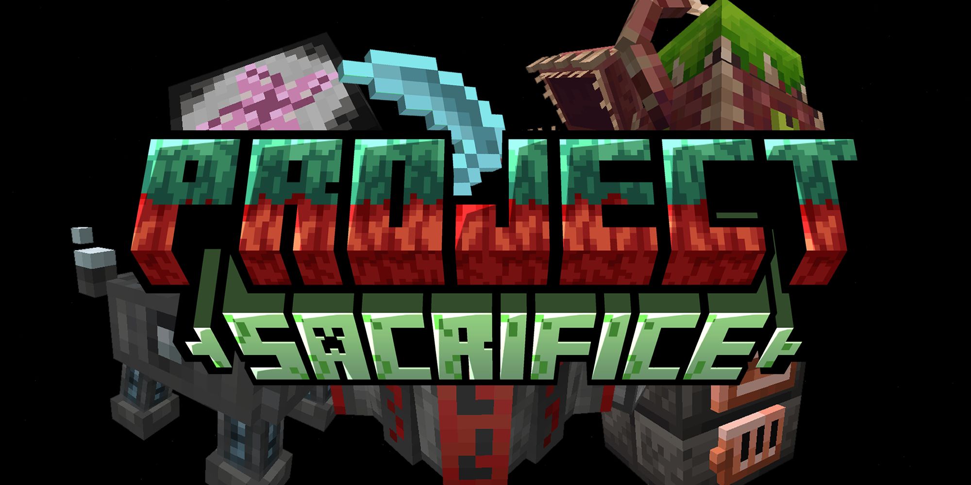 Minecraft Project Sacrifice Skyblock Modpack-Titel mit Darstellung von Blood Assets