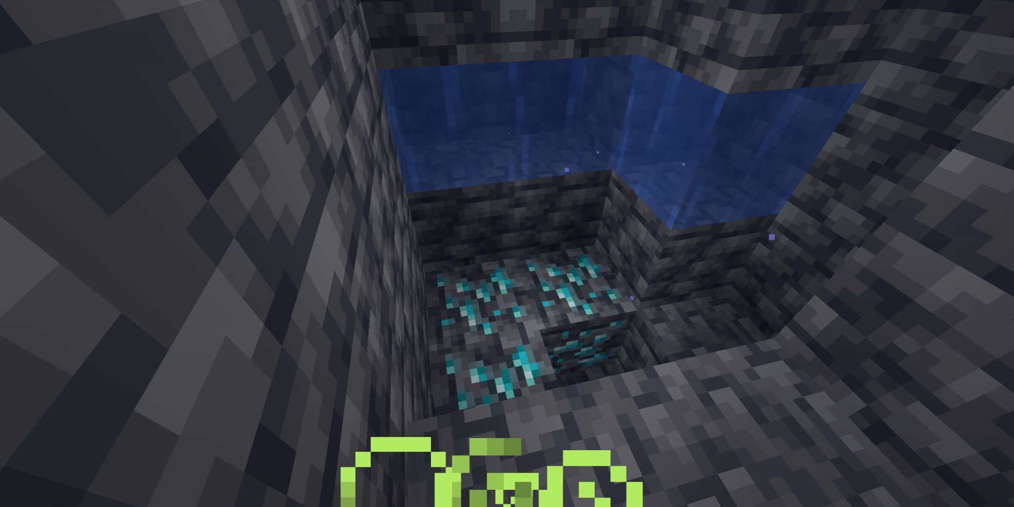 A part of an underwater cave, showing air pockets, diamond ore, and green swirls from a night vision potion.