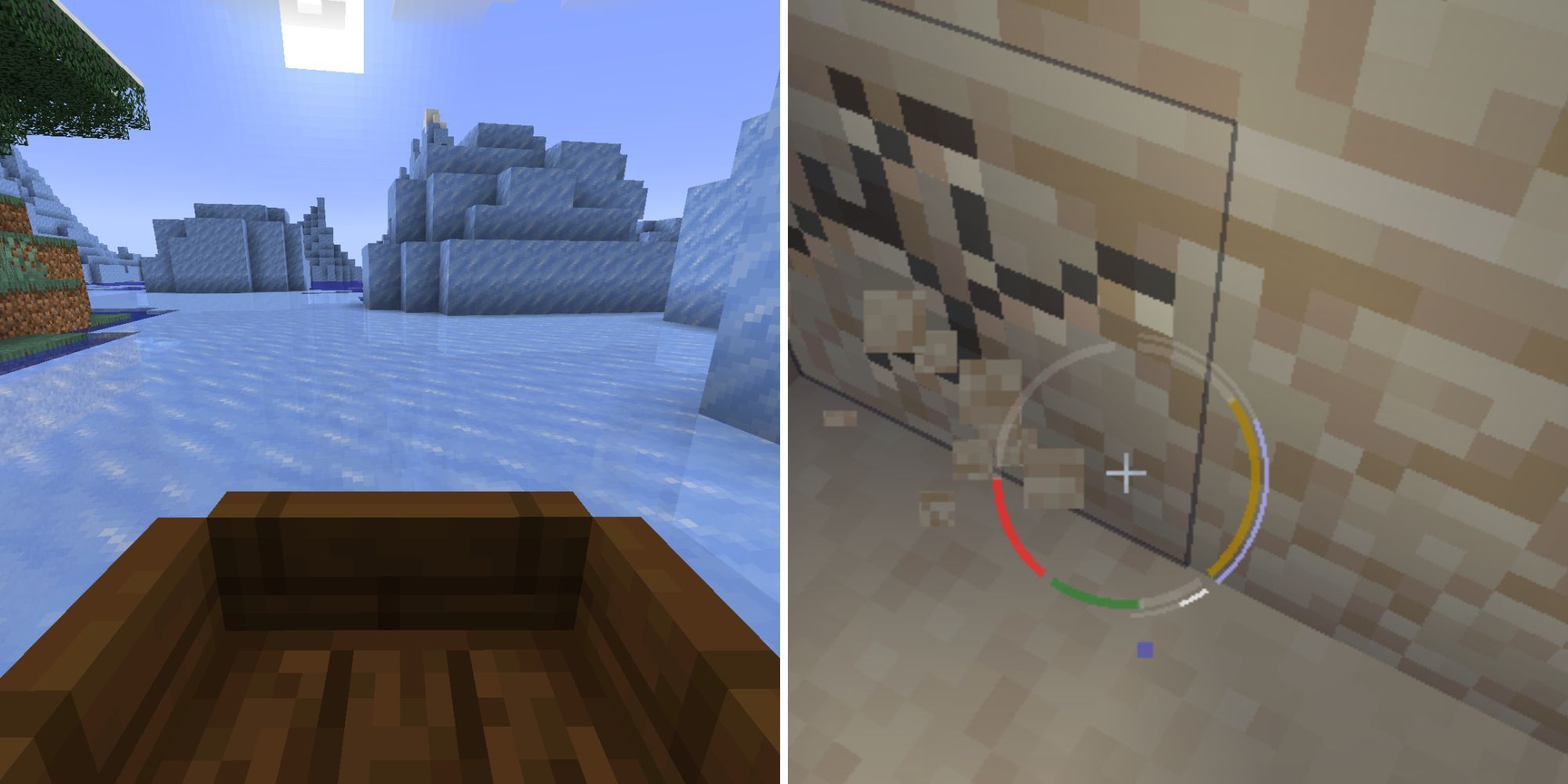 A split image of a dark oak boat resting on the ice, and a sandstone block being broken with a HUD element around the crosshair.