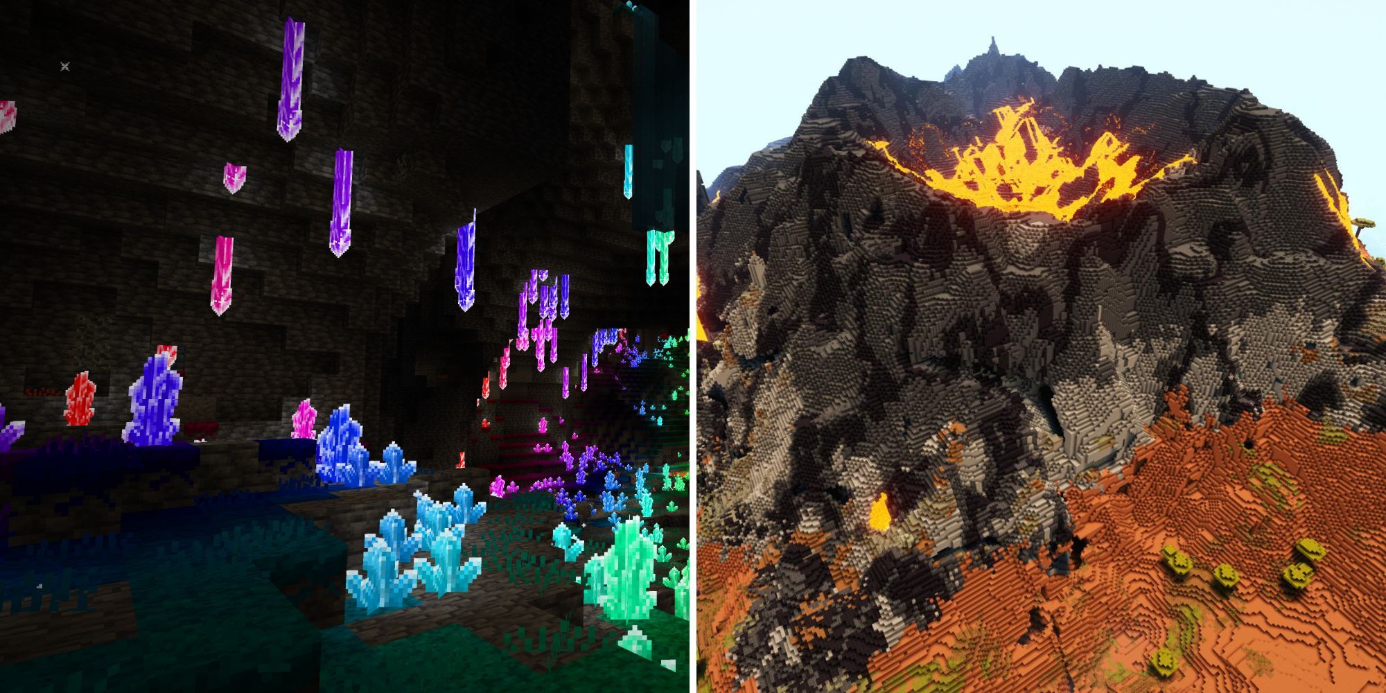 A split image of a cave with bright, glowing, purple, red, green, and blue crystals, and an aerial view of a giant volcano full of lava.