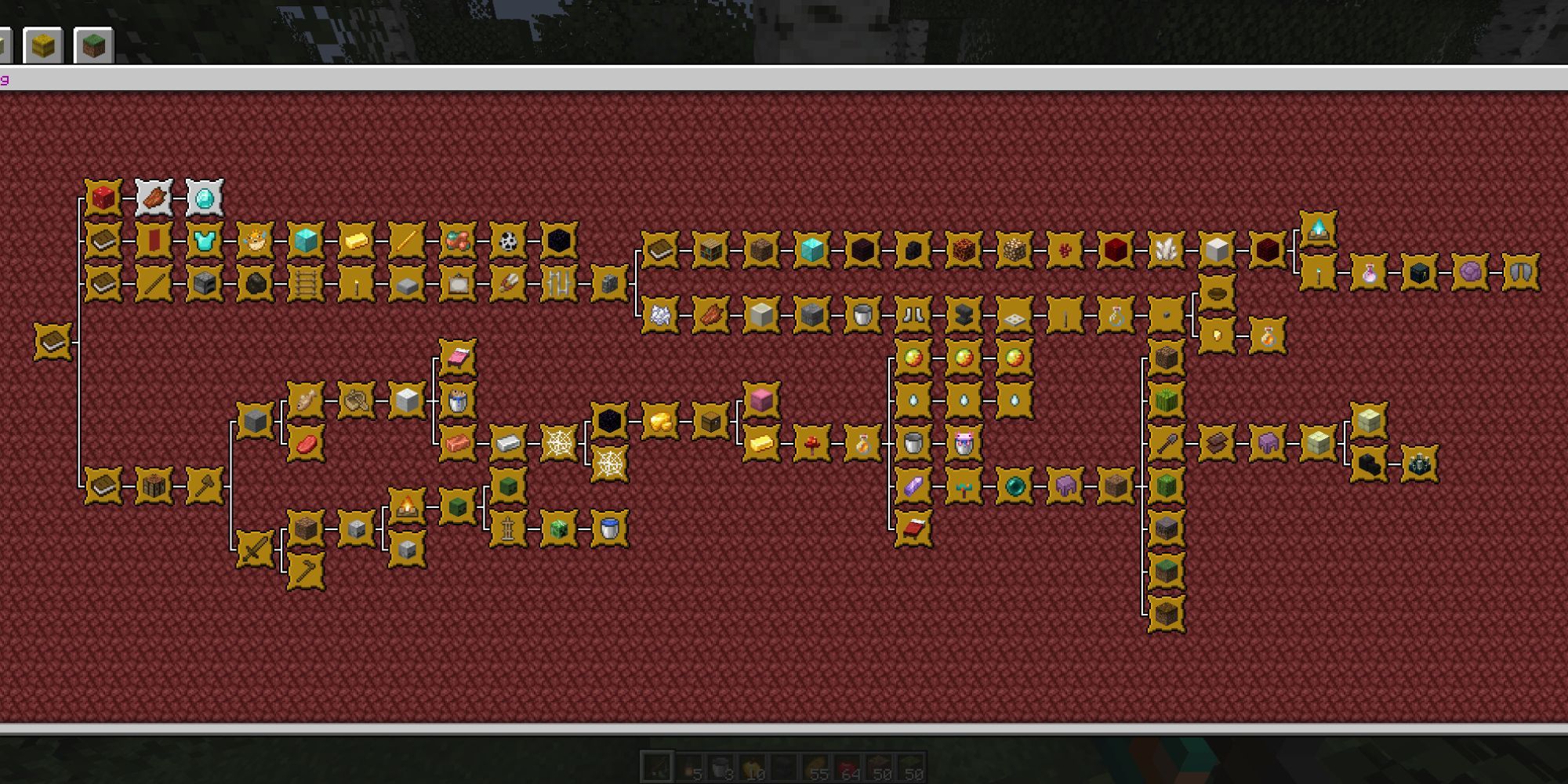 Eine benutzerdefinierte Benutzeroberfläche für Minecraft-Erfolge, die eine Reihe von Zielen auf einem dunkelroten Hintergrund zeigt.