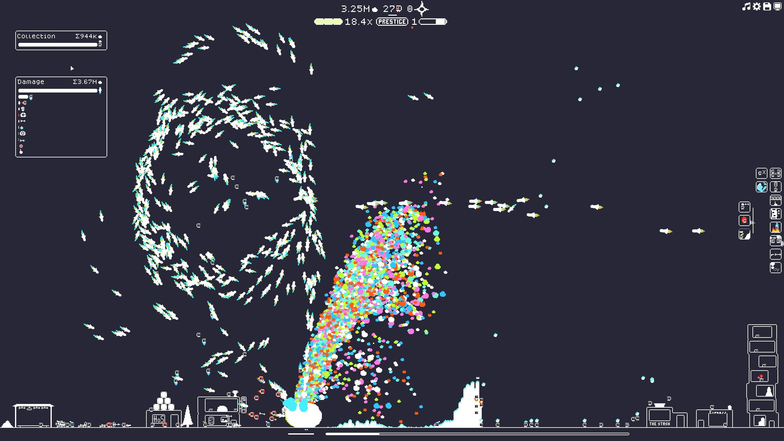 The rock spews multicolored shards as rockets crash down on it. Mountaineer Gnorps and their king work on the pile