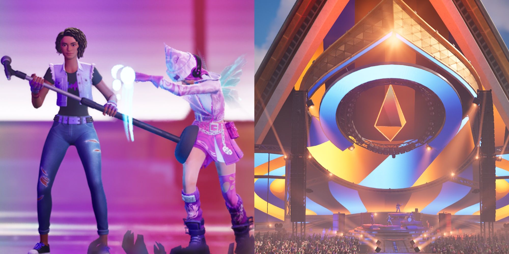 A collage of two band members standing next to each other after finishing a song and one of the Fortnite Festival stages.