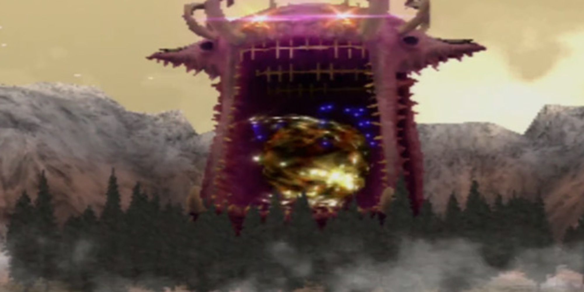 Atomos aus Final Fantasy 9 steht über einem Wald und ist bereit, alles um ihn herum zu zerstäuben und zu verzehren.
