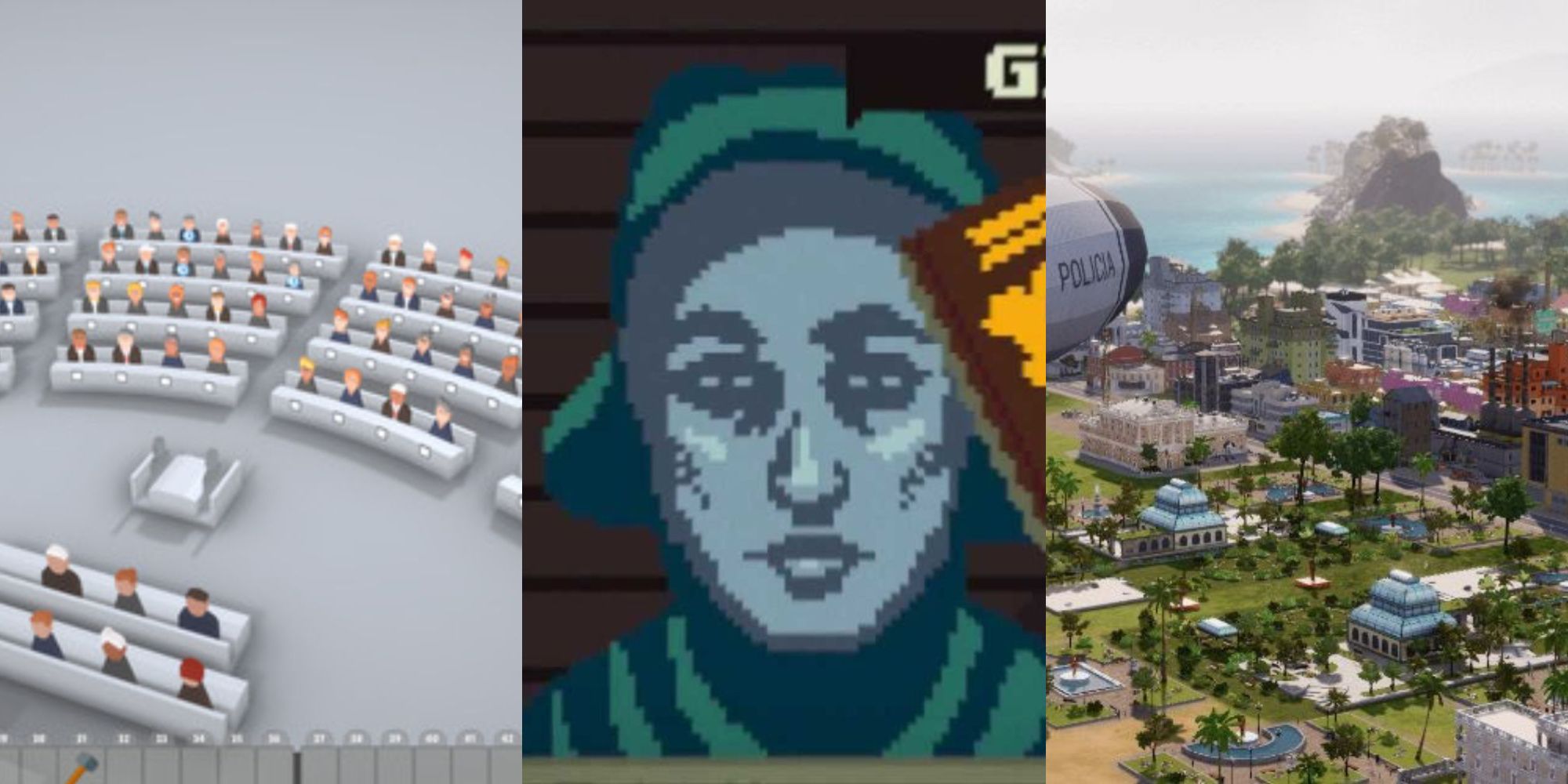 collage showing papers please, lawgivers, and tropico 6